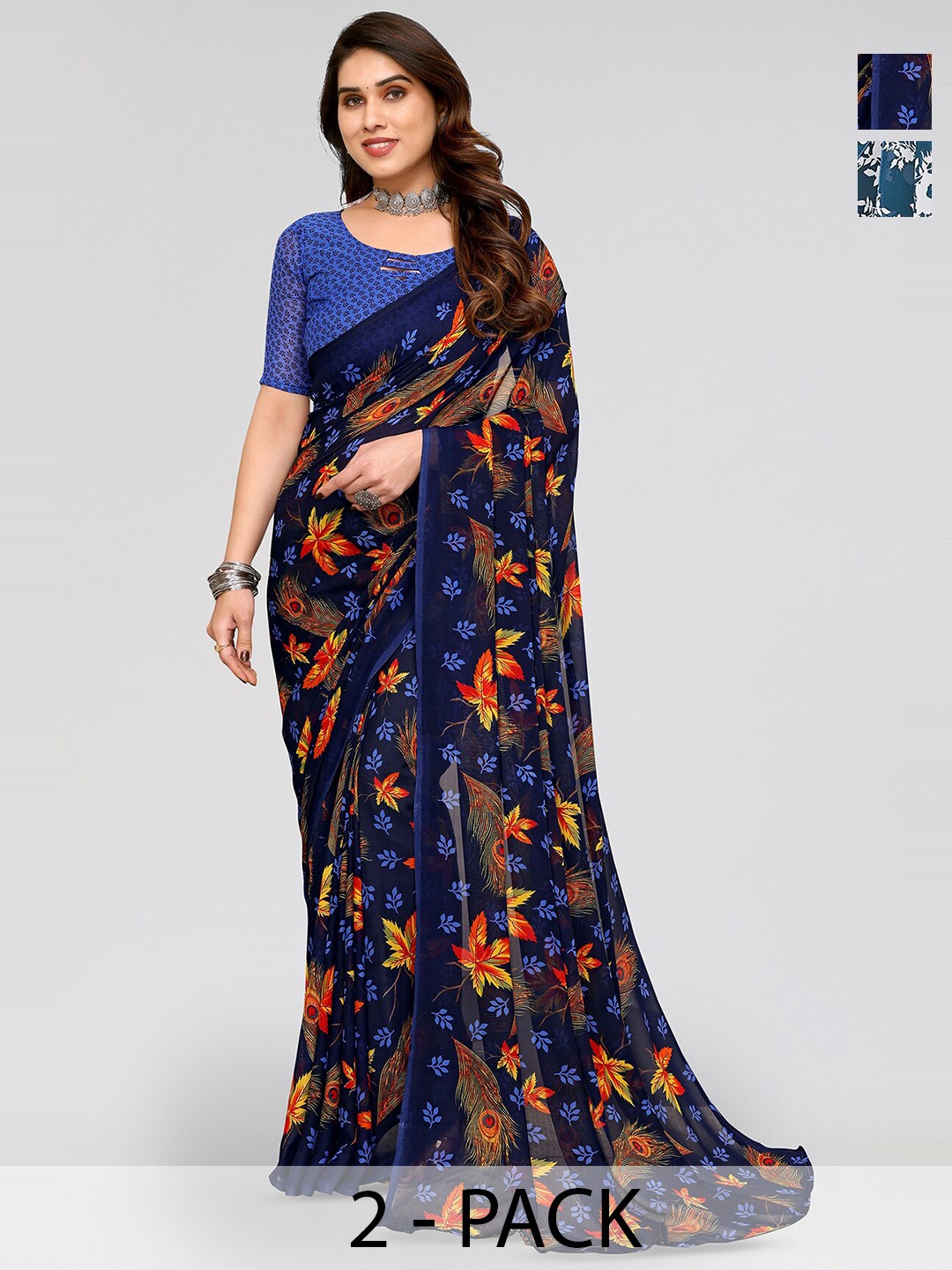 

ANAND SAREES Selection Of 2 Floral Printed Sarees, Blue