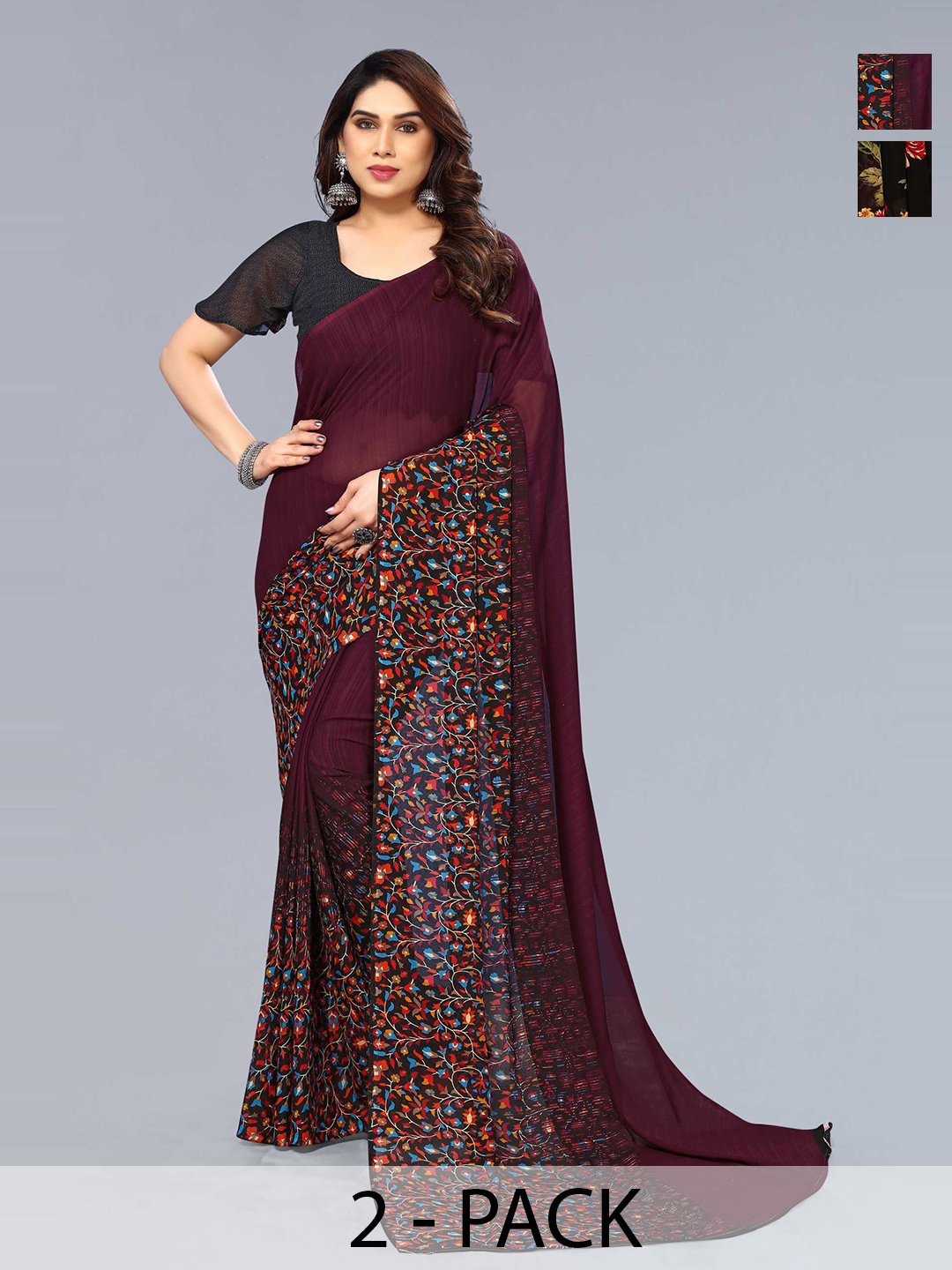 

ANAND SAREES Selection of 2 Floral Saree, Black