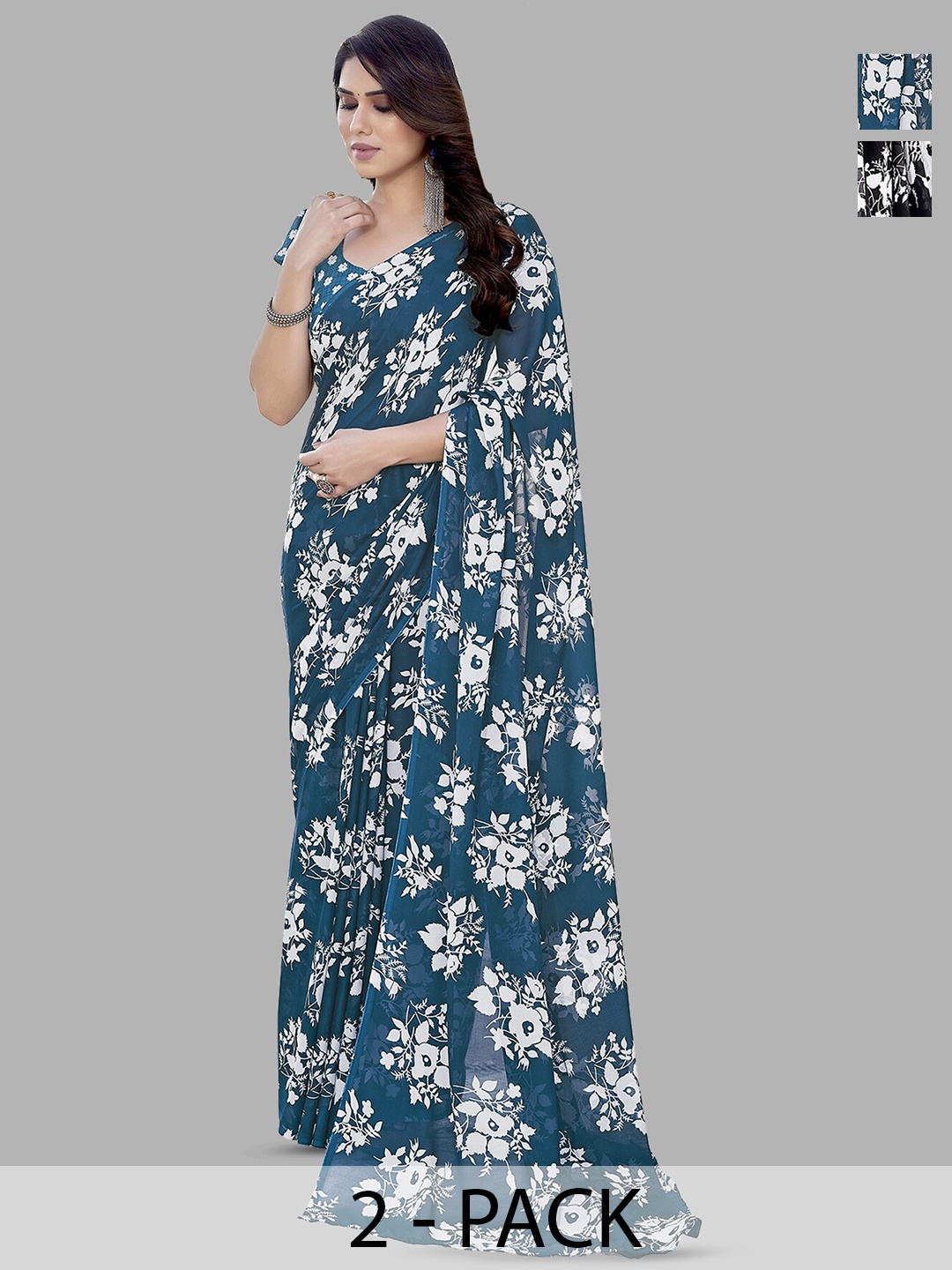 

ANAND SAREES Selection of 2 Floral Printed Sarees, Blue