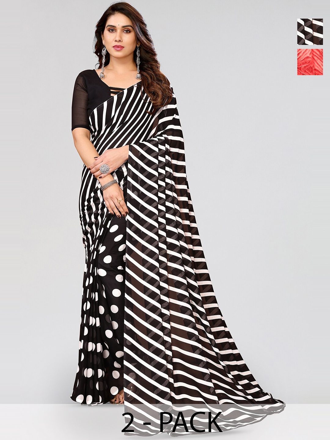 

ANAND SAREES Selection Of 2 Striped Sarees, White