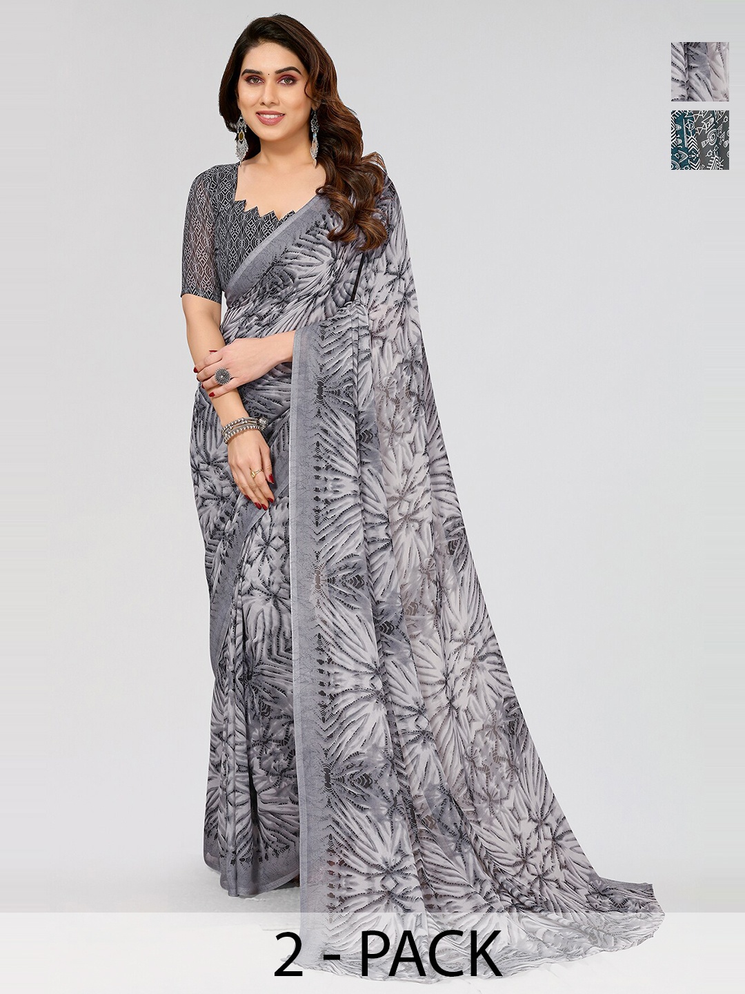 

ANAND SAREES Selection of 2 Warli Printed Sarees, Green