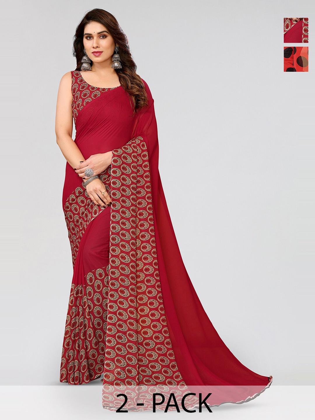 

ANAND SAREES Selection Of 2 Polka Dots Printed Saree, Red