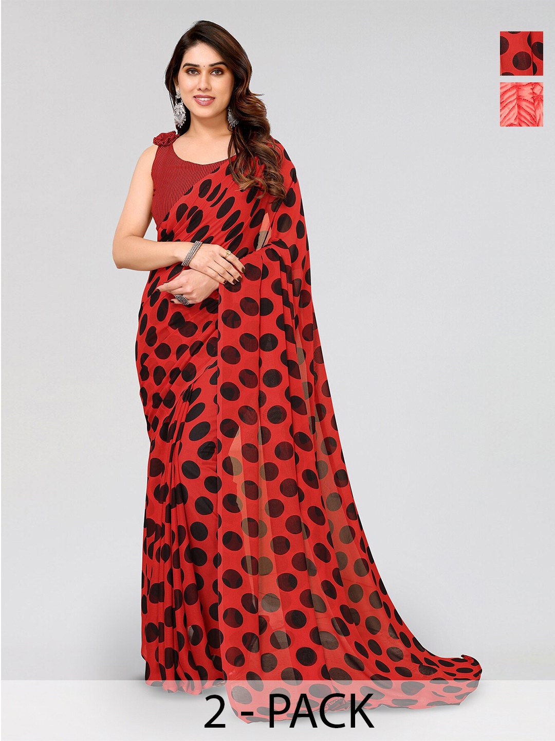 

ANAND SAREES Selection Of 2 Polka Dots Printed Sarees, Red