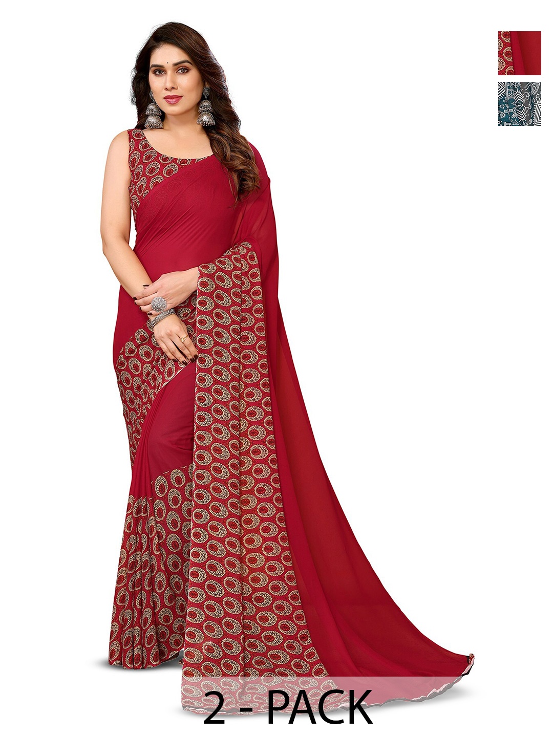 

ANAND SAREES Selection Of 2 Printed Sarees, Red