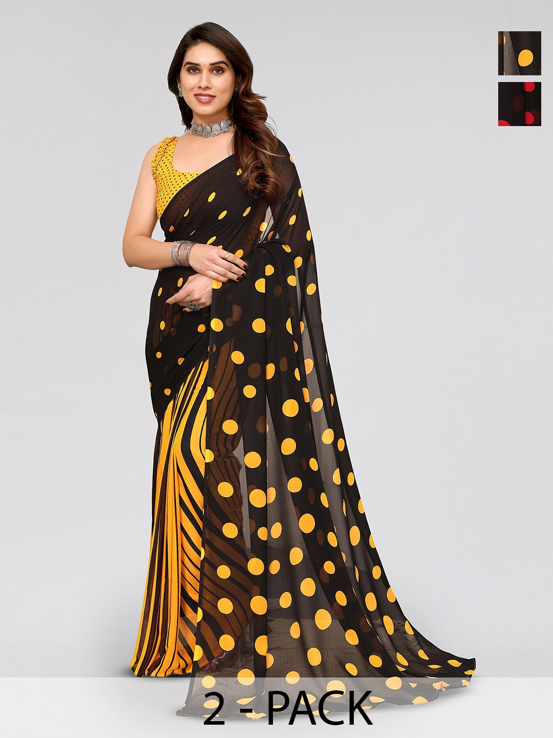 

ANAND SAREES Selection of 2 Polka Dots Printed Sarees, Black