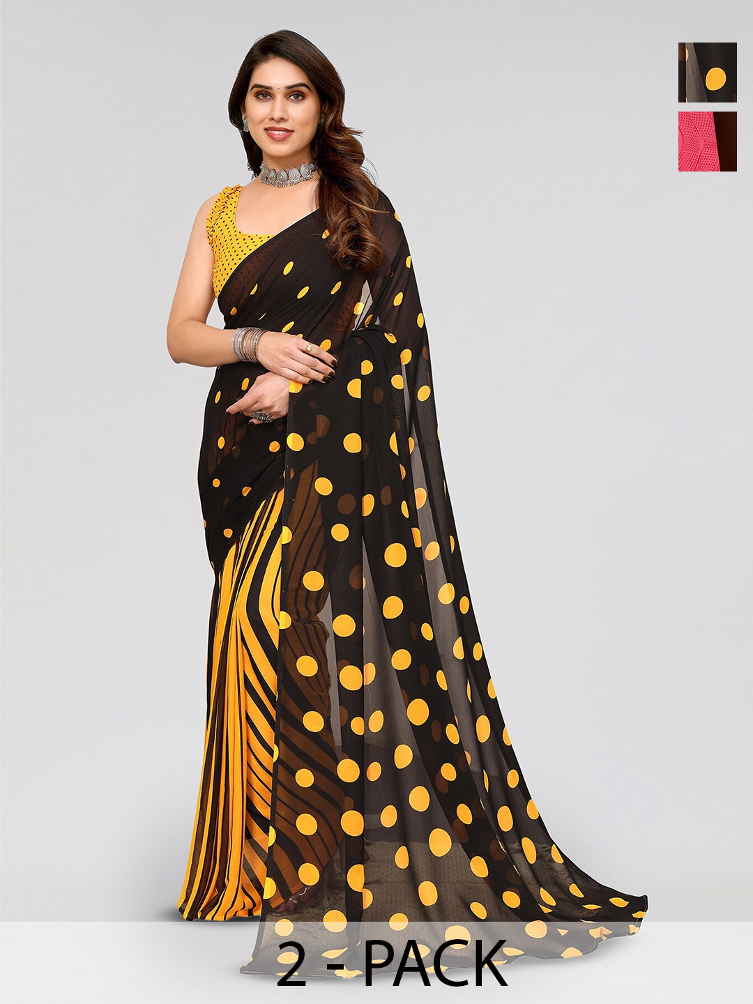 

ANAND SAREES Selection Of 2 Polka Dots Printed Saree, Black