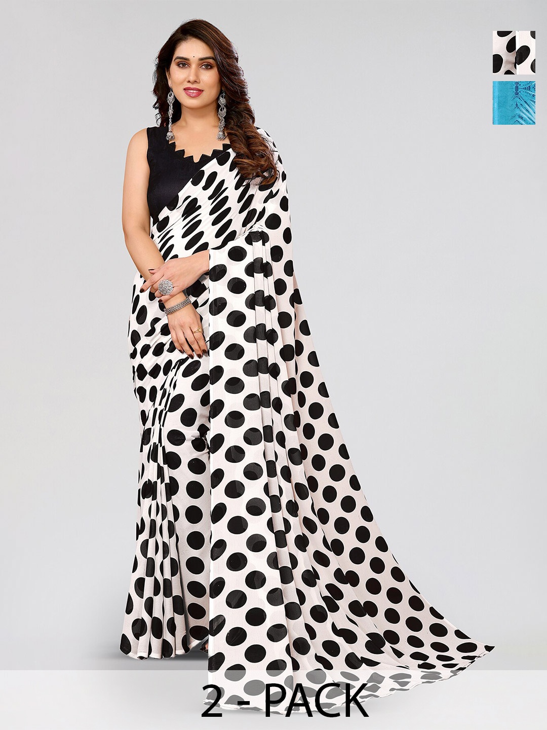 

ANAND SAREES Selection Of 2 Geometric Printed Sarees, White