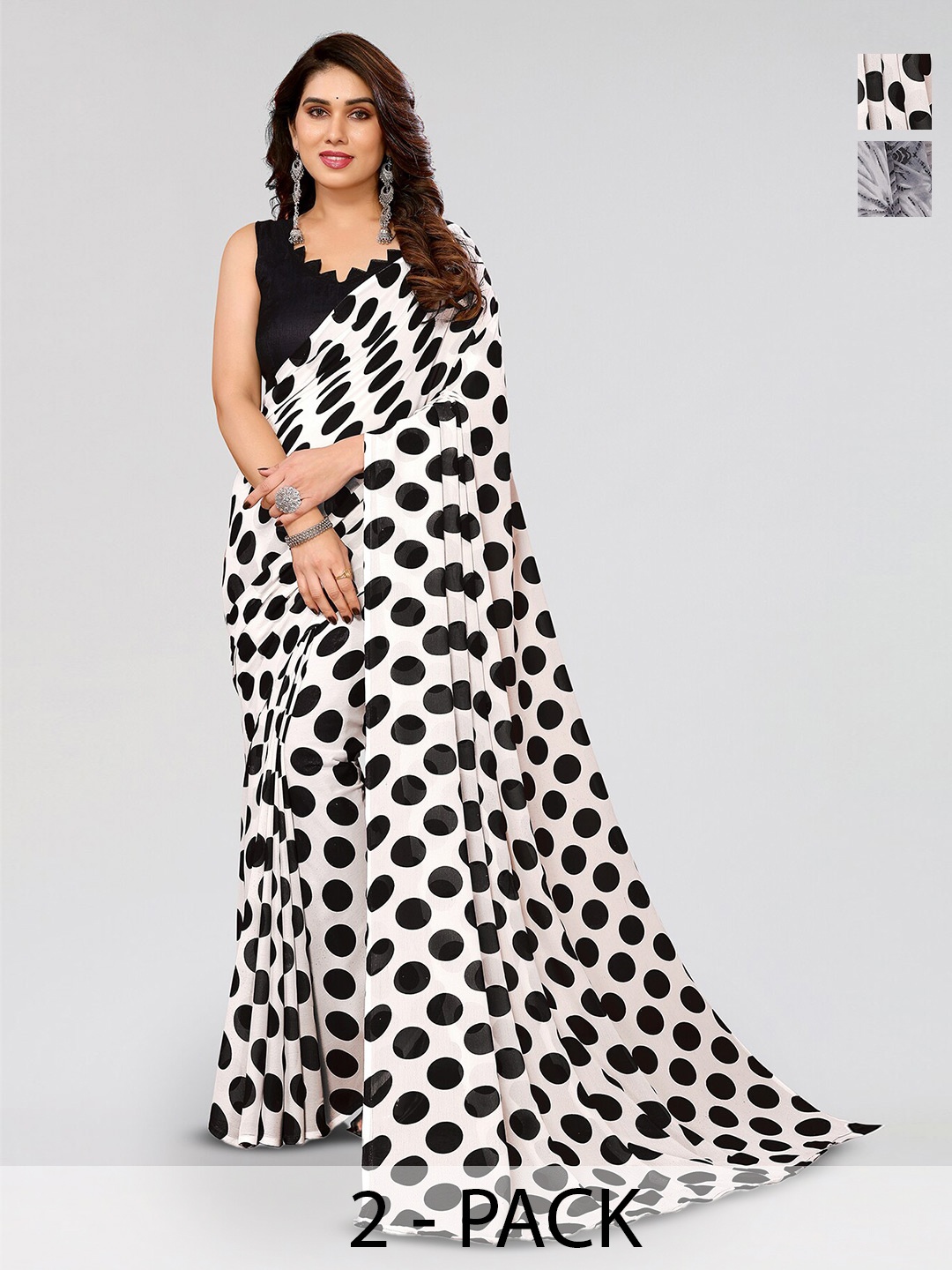 

ANAND SAREES Selection Of 2 Polka Dot Printed Sarees, Black