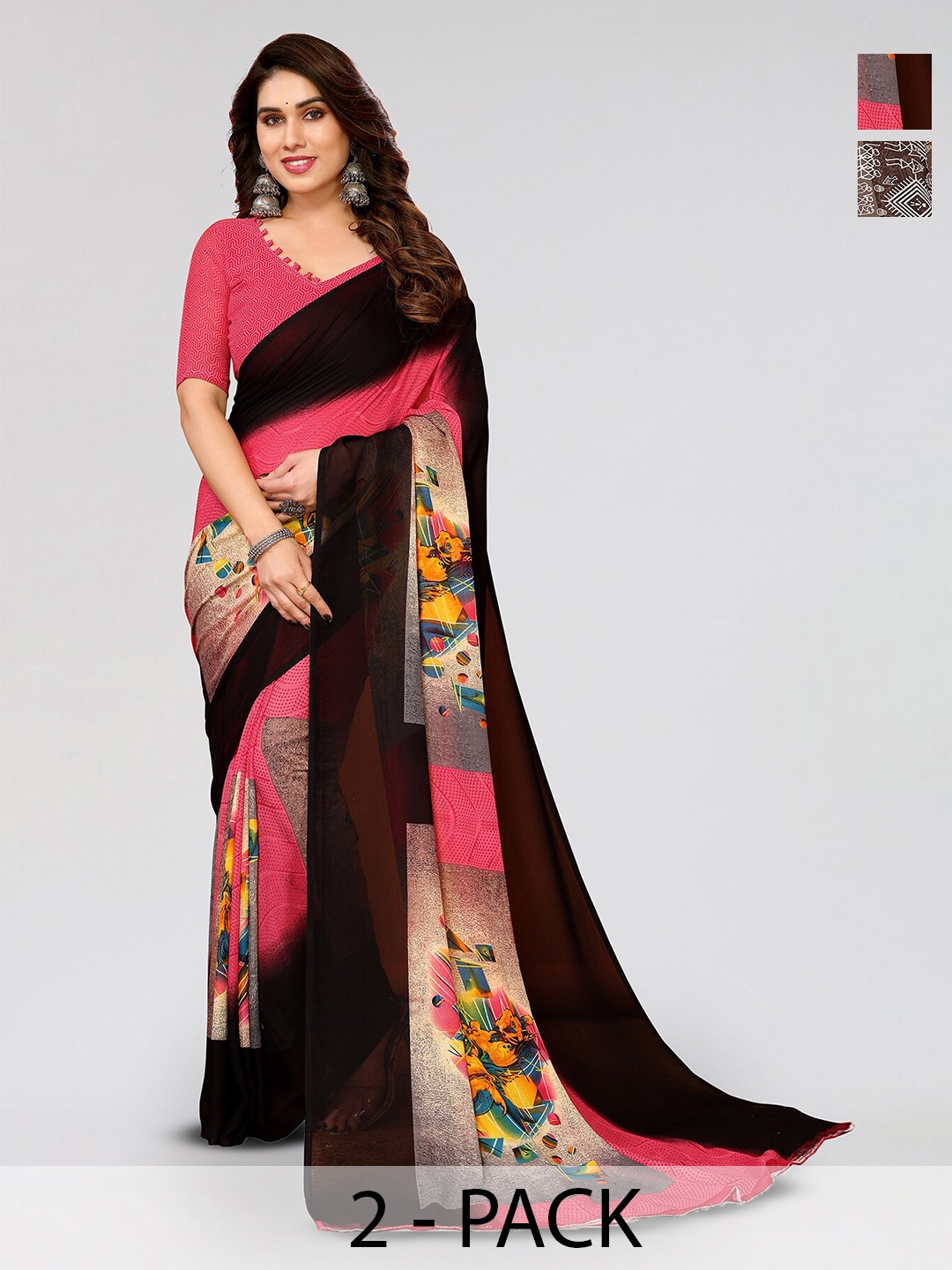 

ANAND SAREES Selection Of 2 Printed Georgette Saree, Burgundy