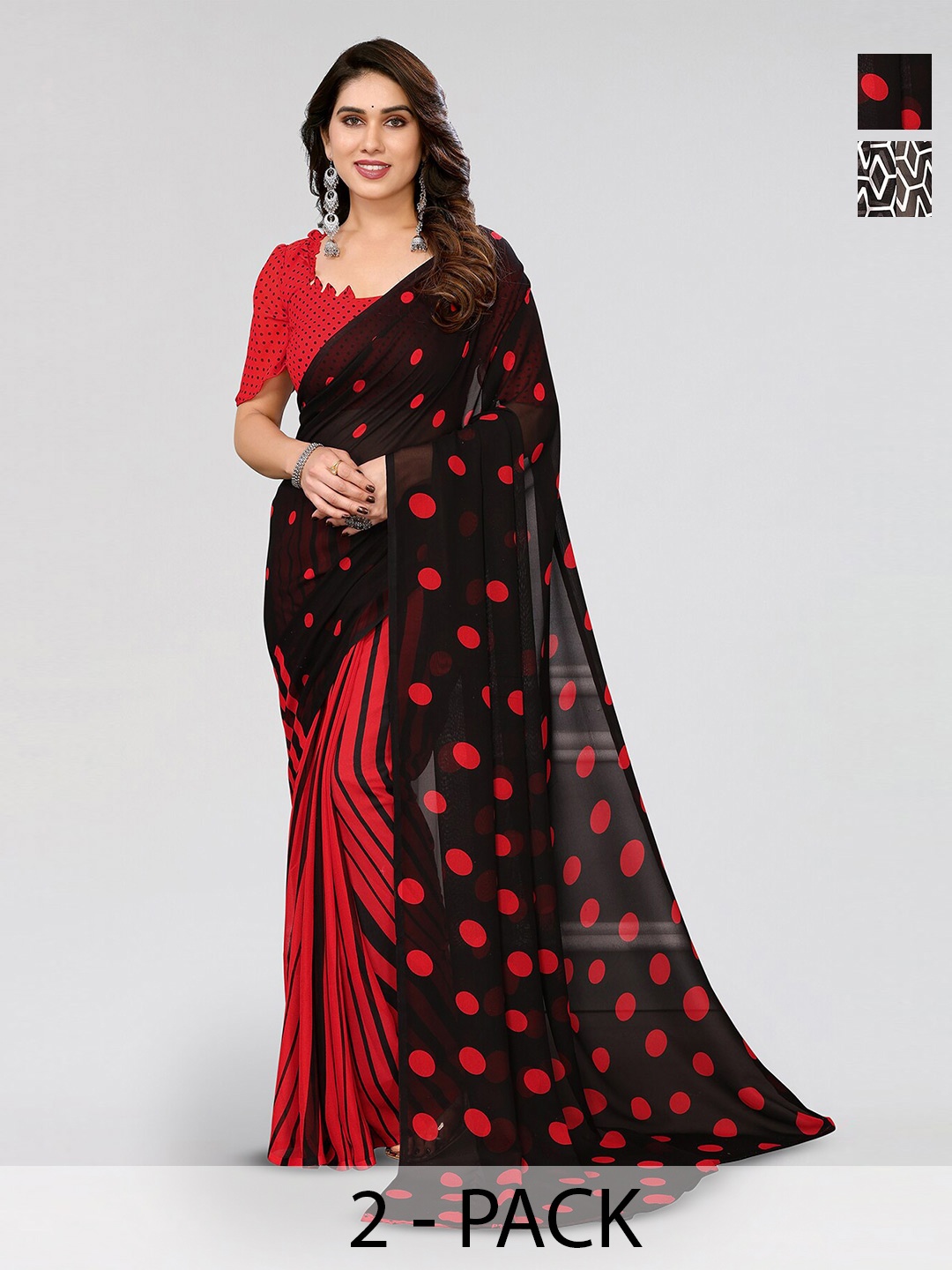 

ANAND SAREES Selection Of 2 Polka Dot Printed Saree, Red