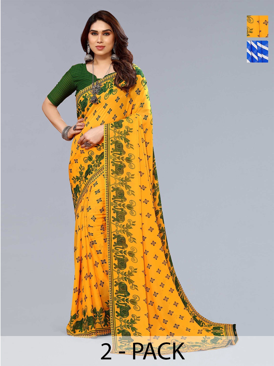 

ANAND SAREES Selection Of 2 Ethnic Motifs Printed Sarees, Green