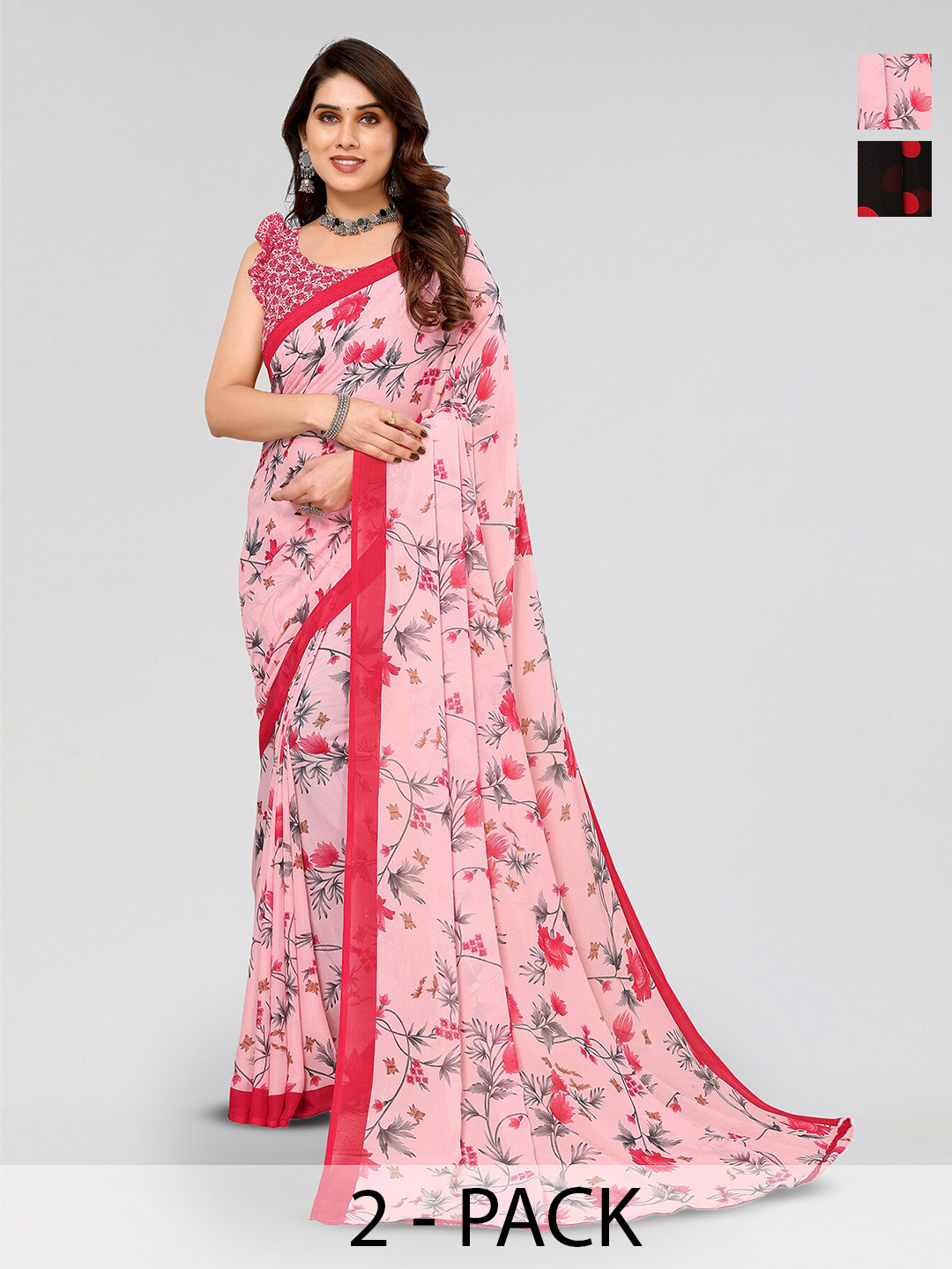 

ANAND SAREES Selection Of 2 Floral Printed Sarees, Pink