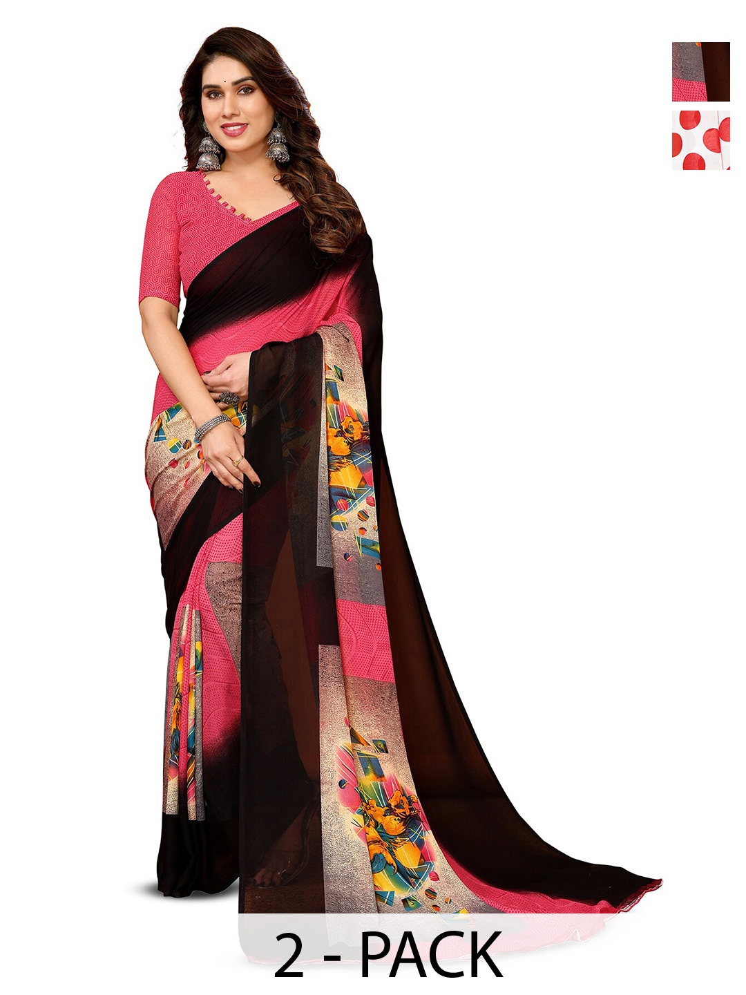 

ANAND SAREES Selection Of 2 Polka Dots Printed Saree, Red