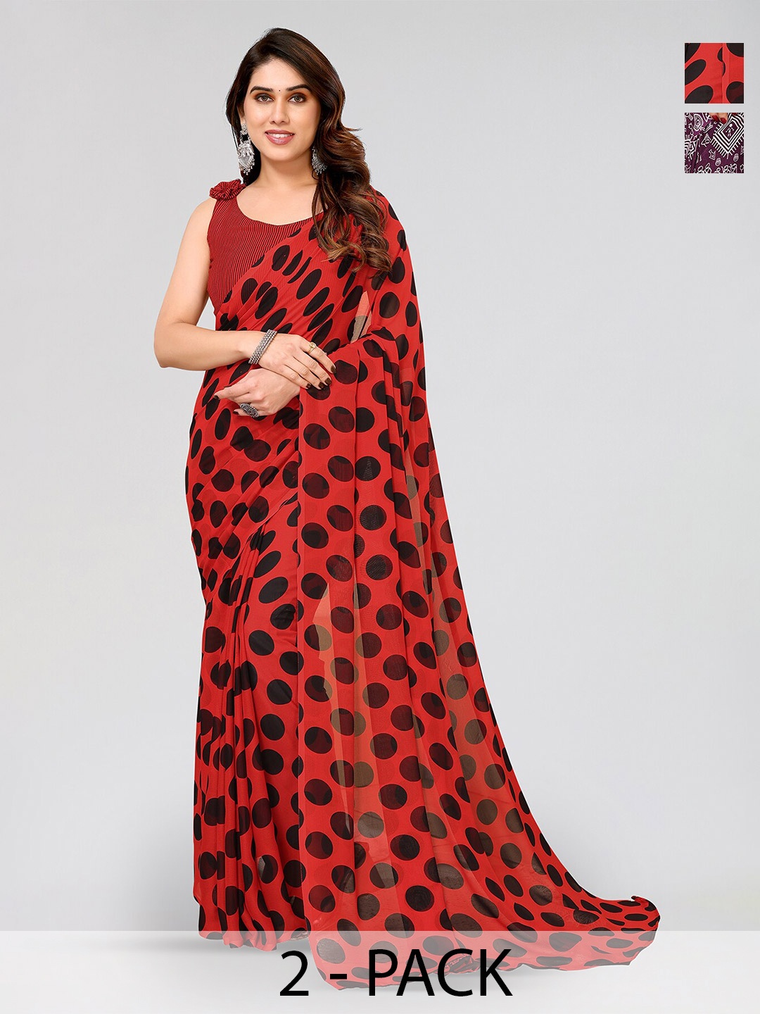 

ANAND SAREES Selection Of 2 Polka Dot Printed Sarees, Red