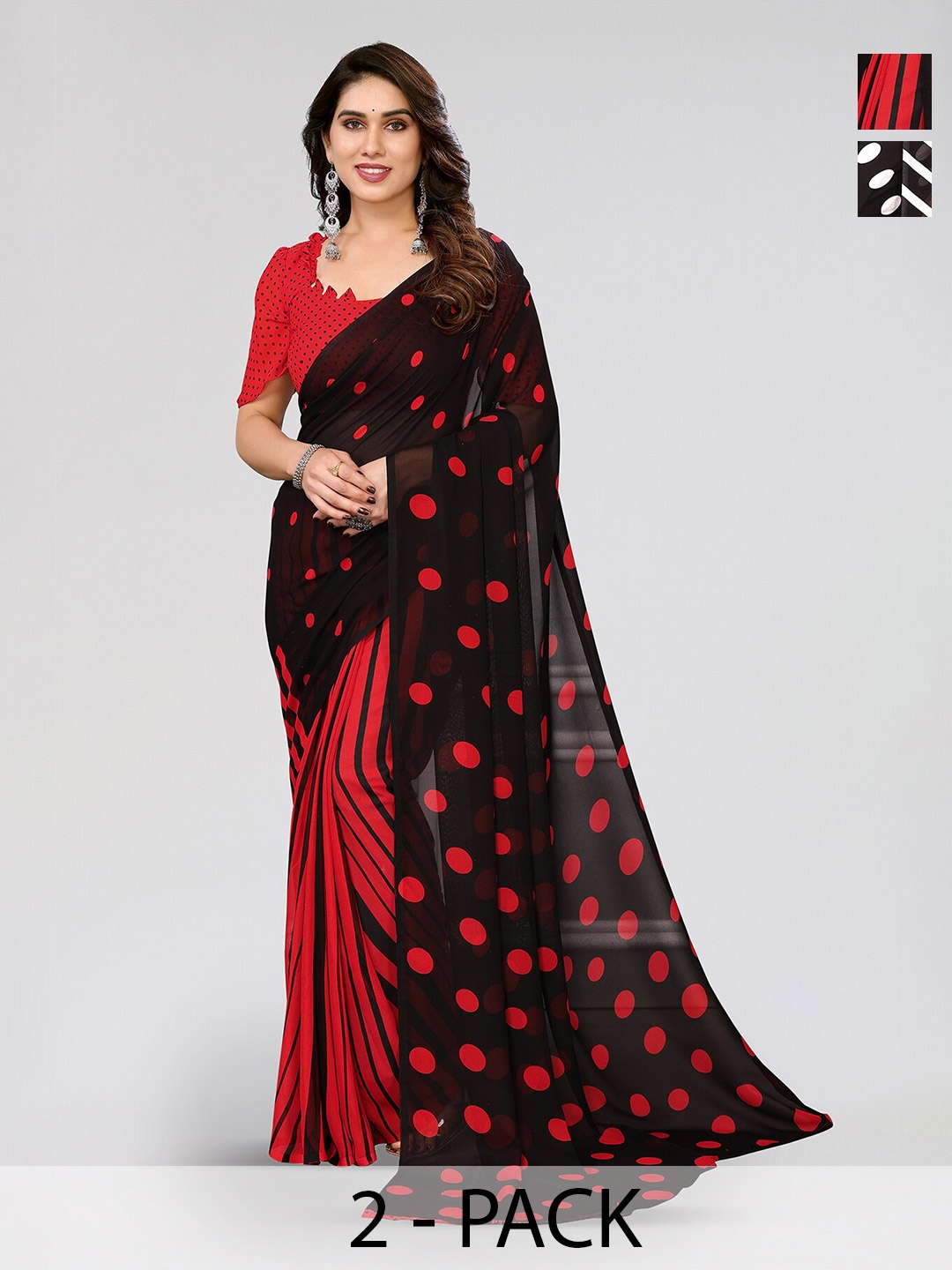 

ANAND SAREES Selection Of 2 Polka Dots Printed Sarees, White