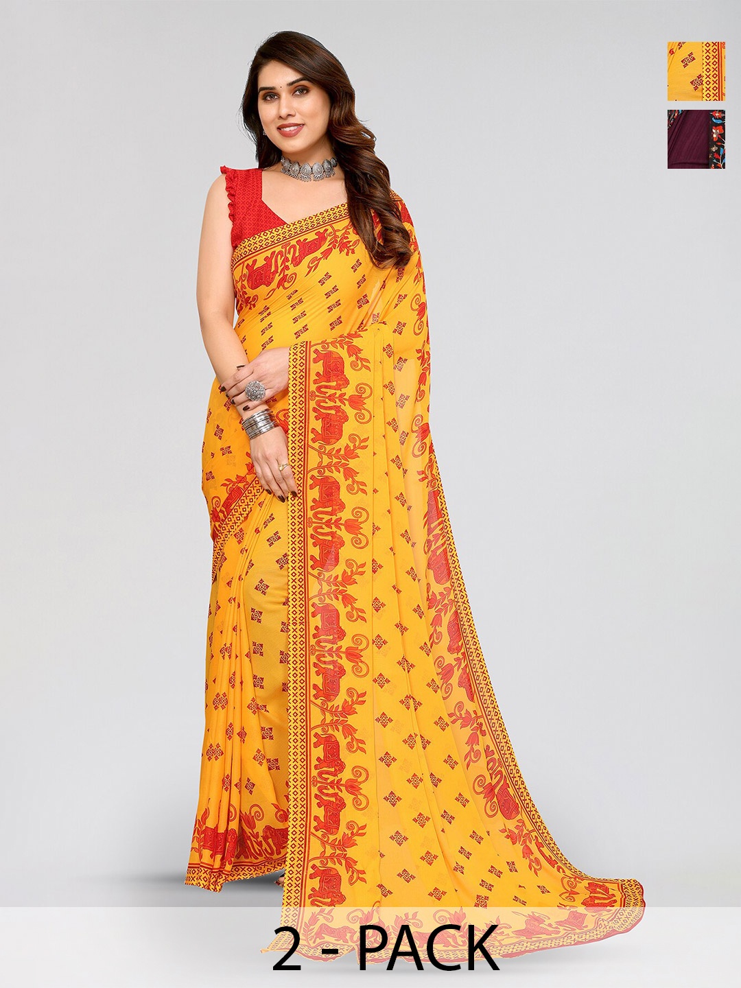 

ANAND SAREES Selection Of 2 Ethnic Motifs Printed Sarees, Yellow