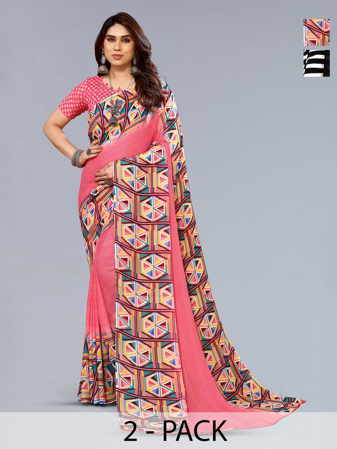 

ANAND SAREES Selection Of 2 Geometric Printed Sarees, White