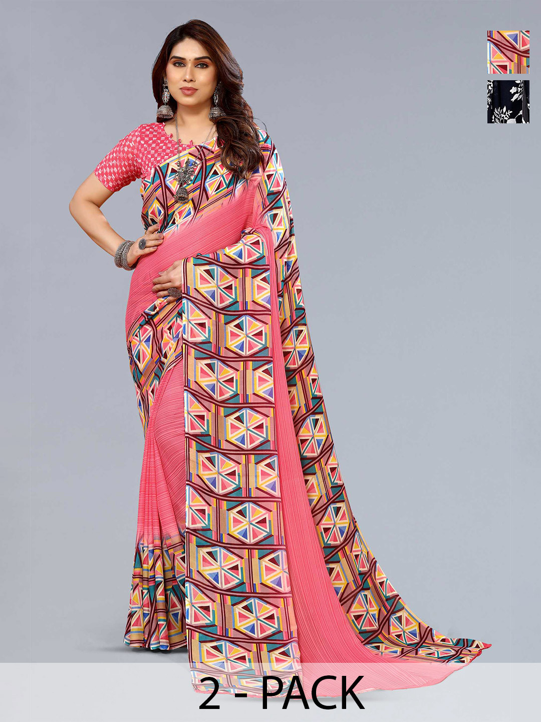 

ANAND SAREES Selection Of 2 Floral Printed Saree, Black