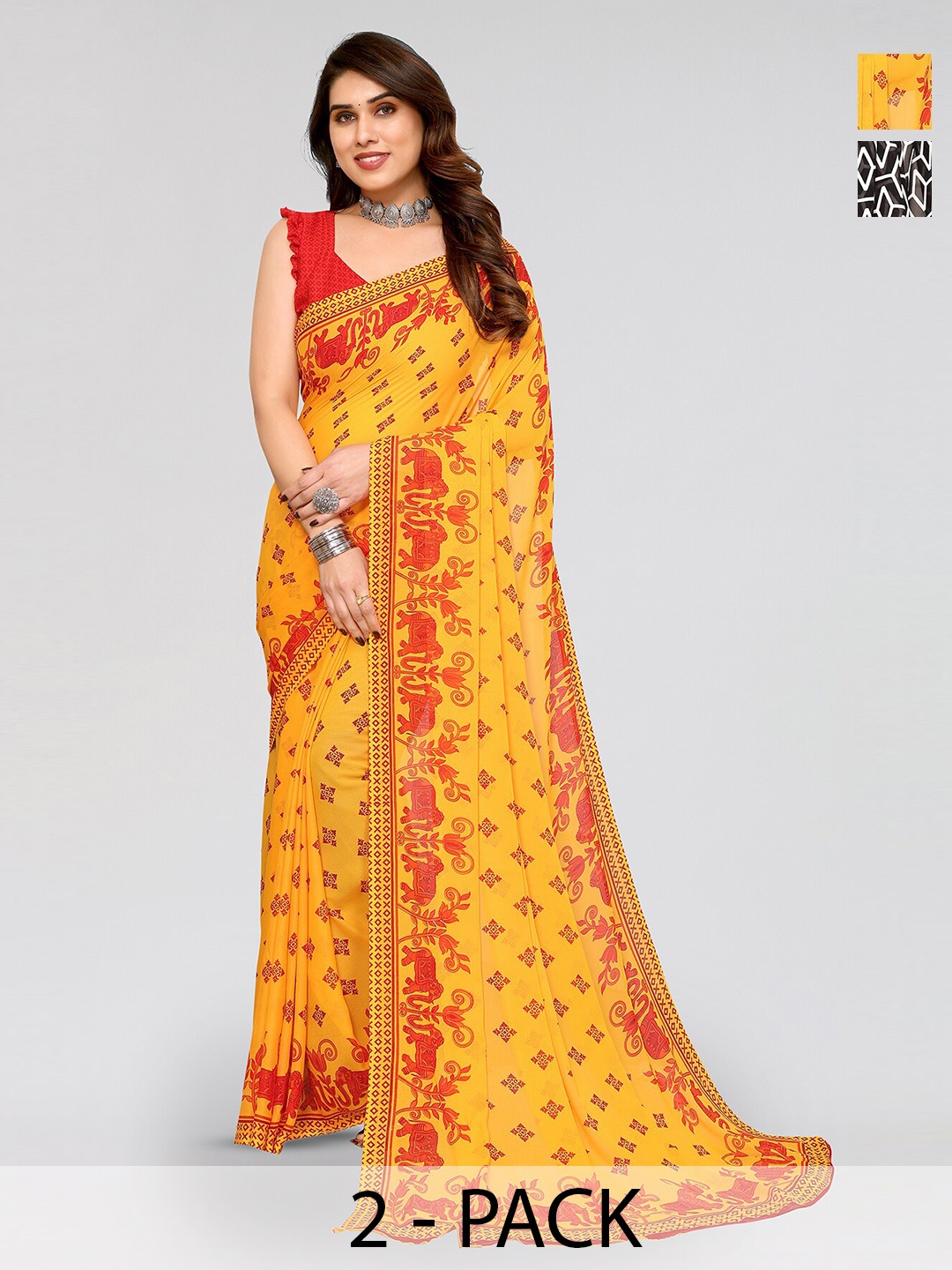 

ANAND SAREES Selection of 2 Ethnic Motifs Printed Sarees, White
