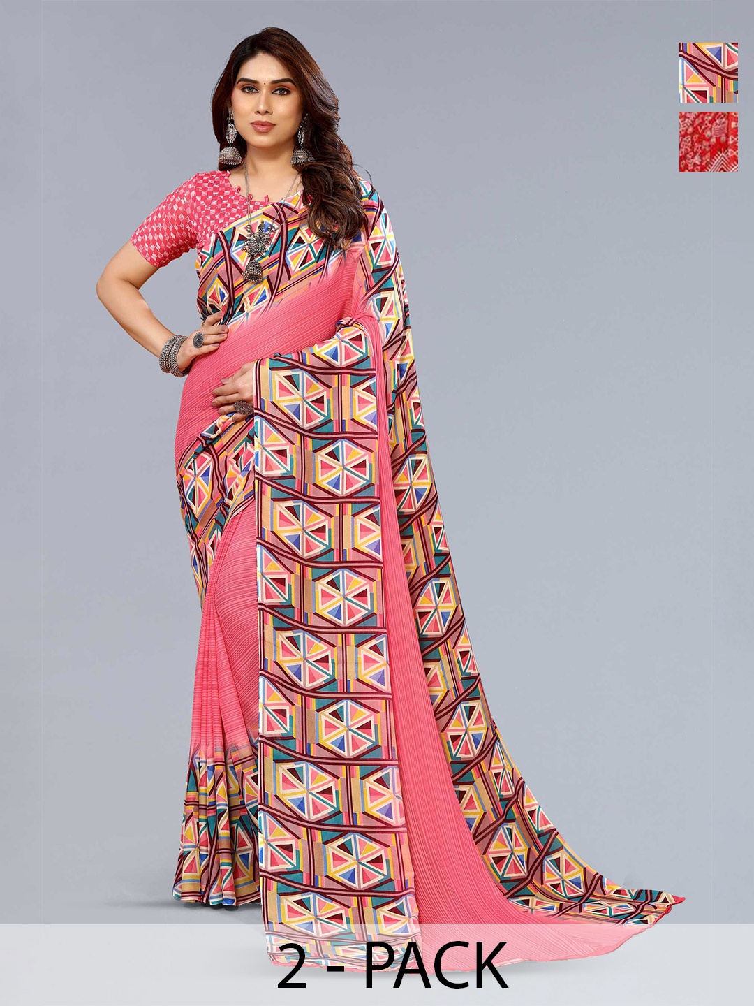 

ANAND SAREES Selection of 2 Geometric Printed Sarees, Pink