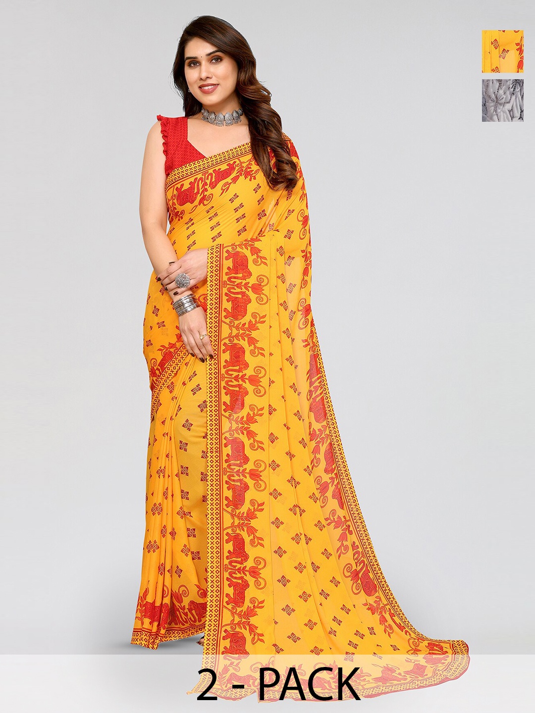 

ANAND SAREES Selection Of 2 Printed Sarees, Yellow