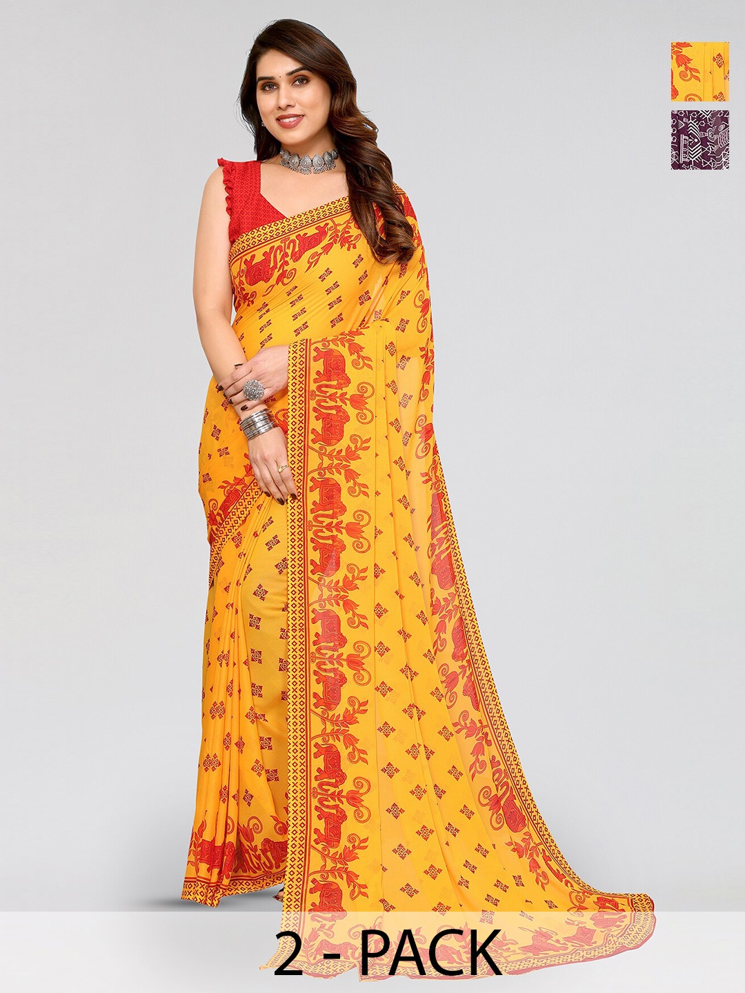 

ANAND SAREES Selection of 2 Ethnic Motifs Printed Sarees, Red