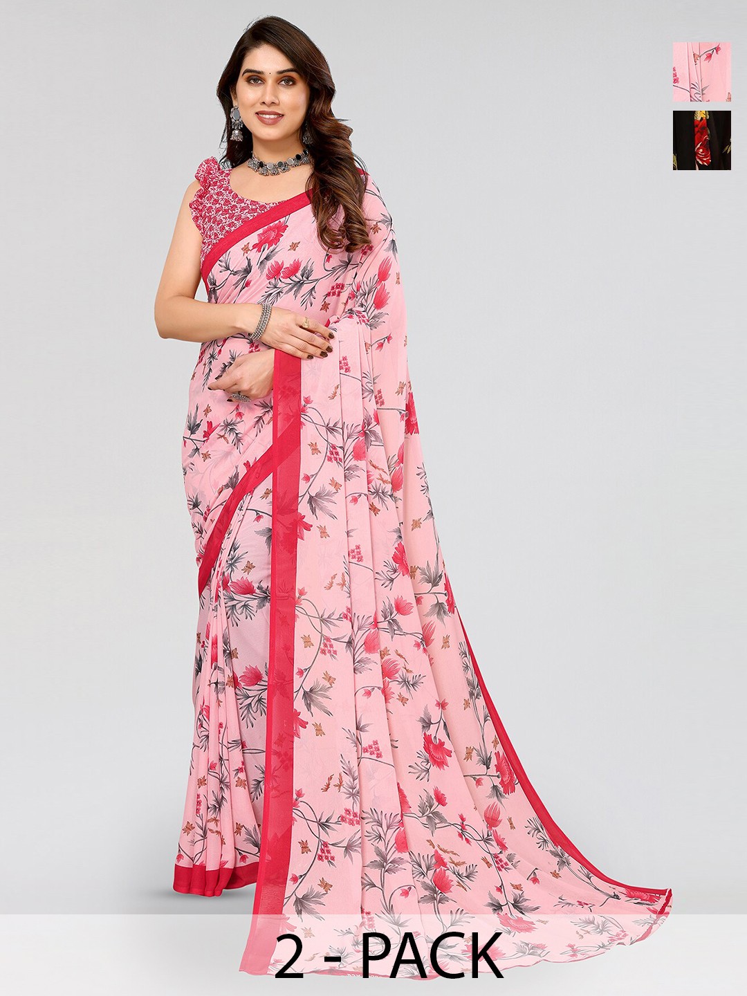 

ANAND SAREES Selection of 2 Floral Printed Sarees, Black