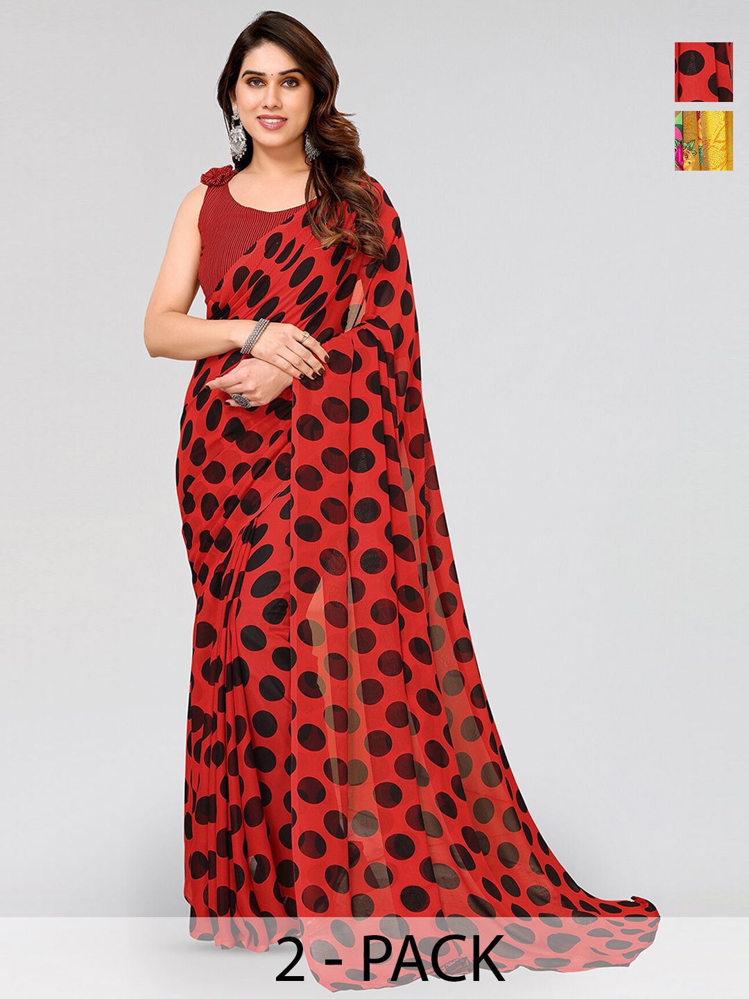 

ANAND SAREES Selection of 2 Polka Dots Printed Sarees, Red