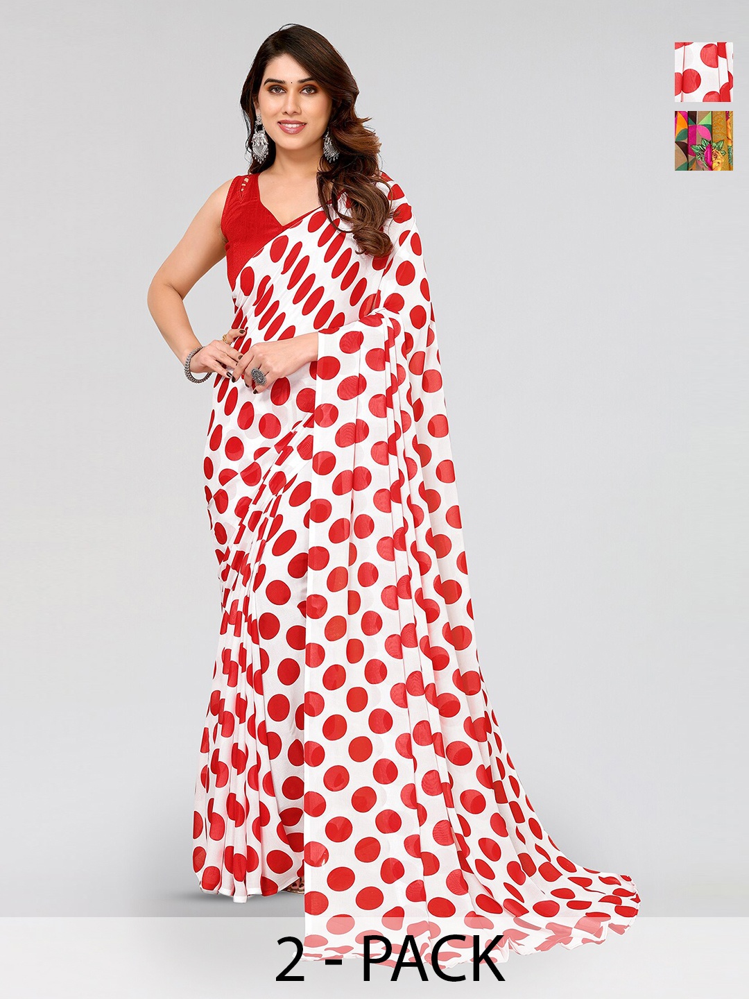 

ANAND SAREES Selection of 2 Polka Dot Printed Sarees, White