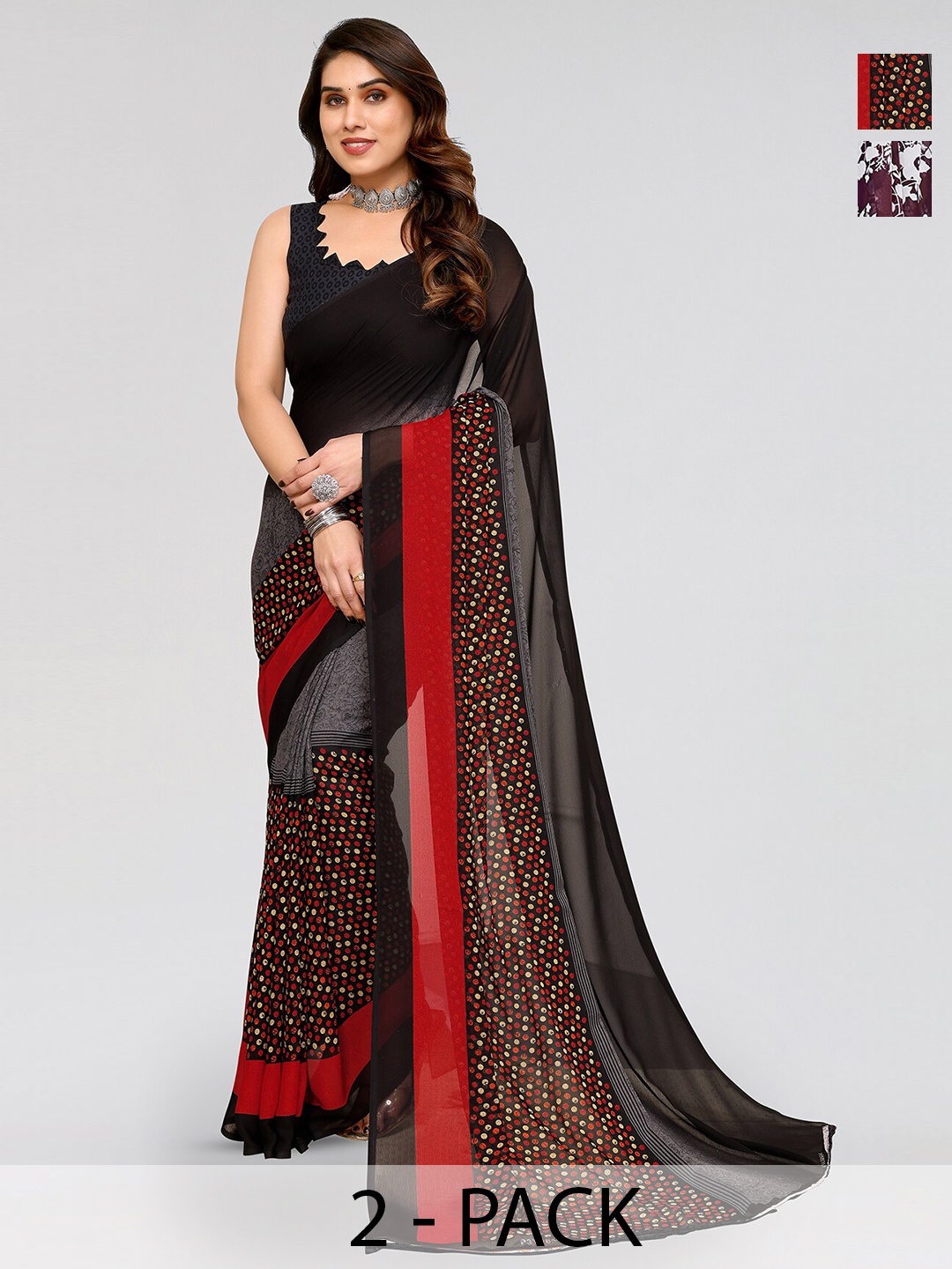 

ANAND SAREES Selection Of 2 Floral Printed Sarees, Black