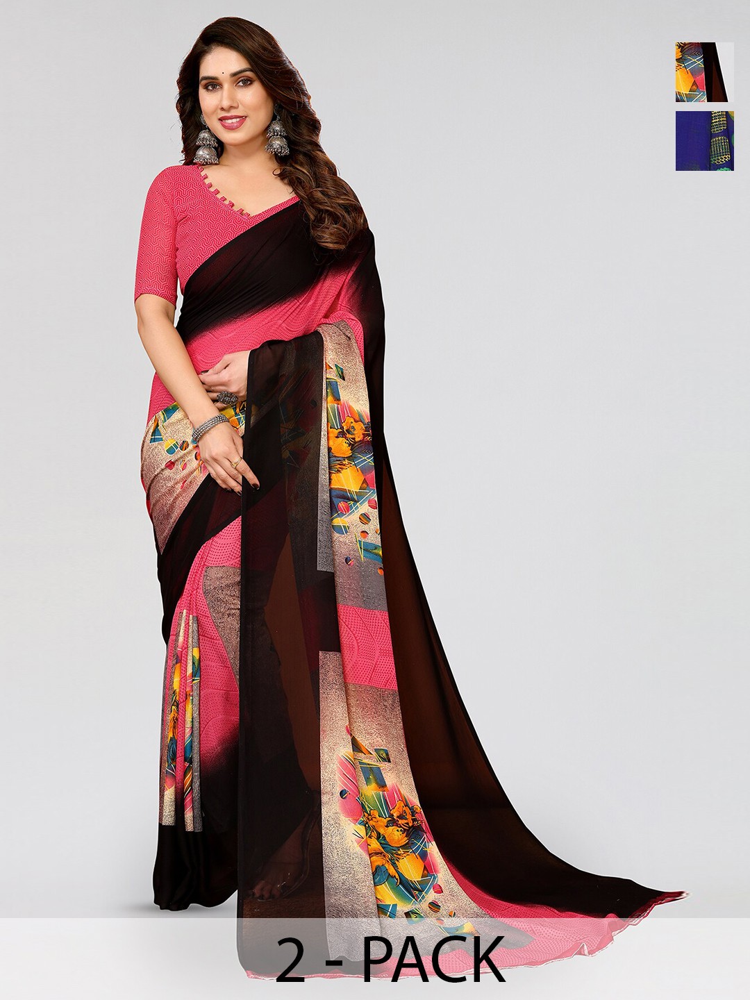 

ANAND SAREES Selection of 2 Printed Georgette Saree, Pink