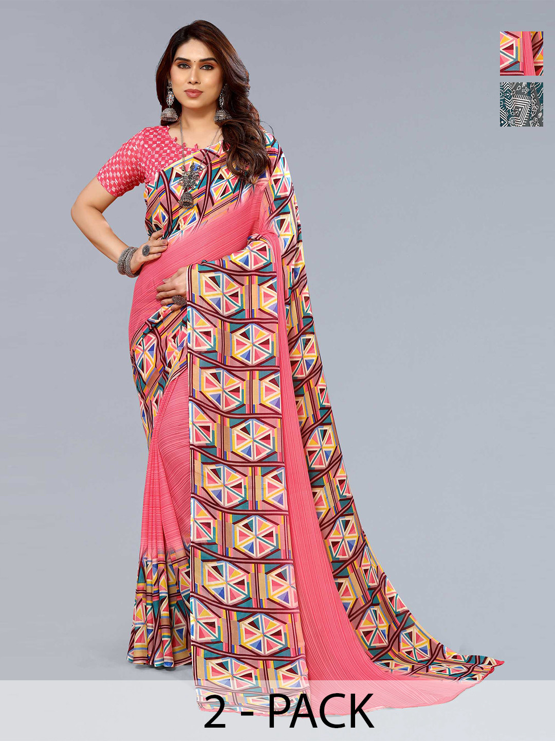 

ANAND SAREES Selection Of 2 Geometric Printed Sarees, Pink