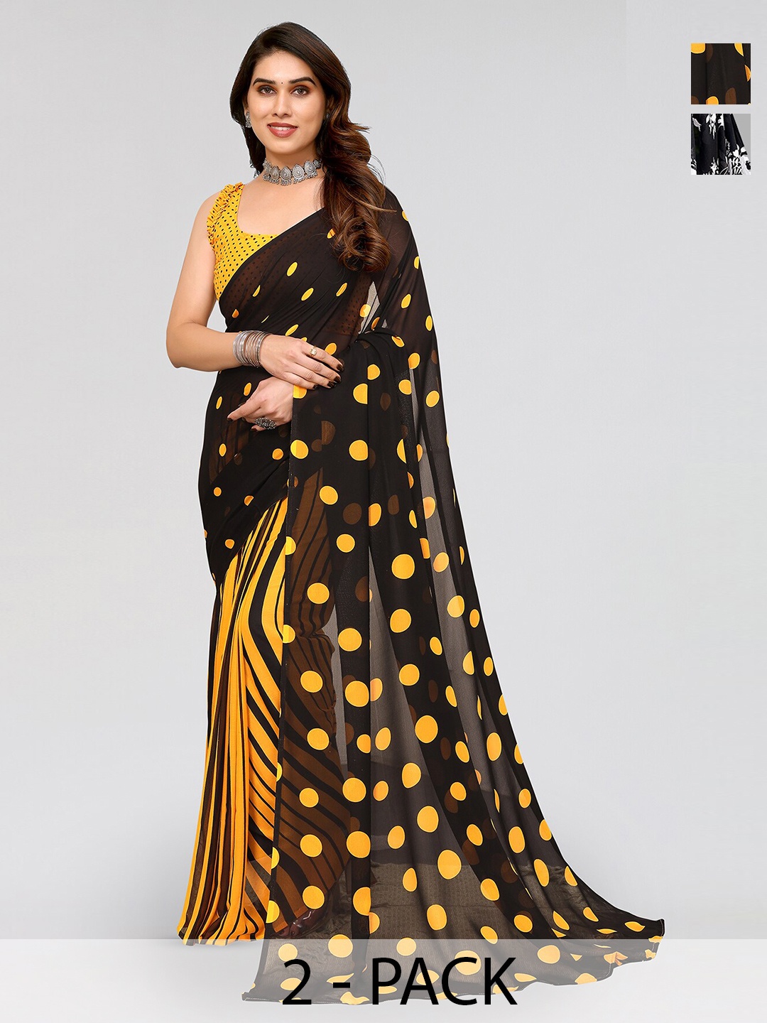 

ANAND SAREES Selection Of 2 Printed Sarees, Black