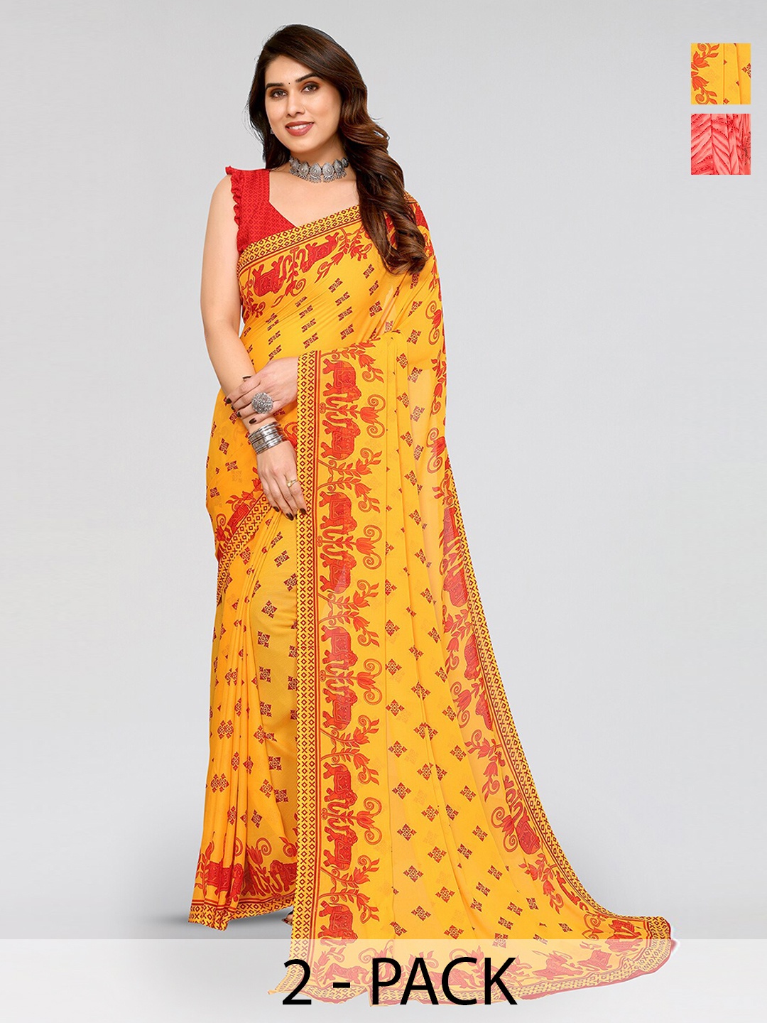 

ANAND SAREES Selection Of 2 Ethnic Motifs Printed Sarees, Yellow
