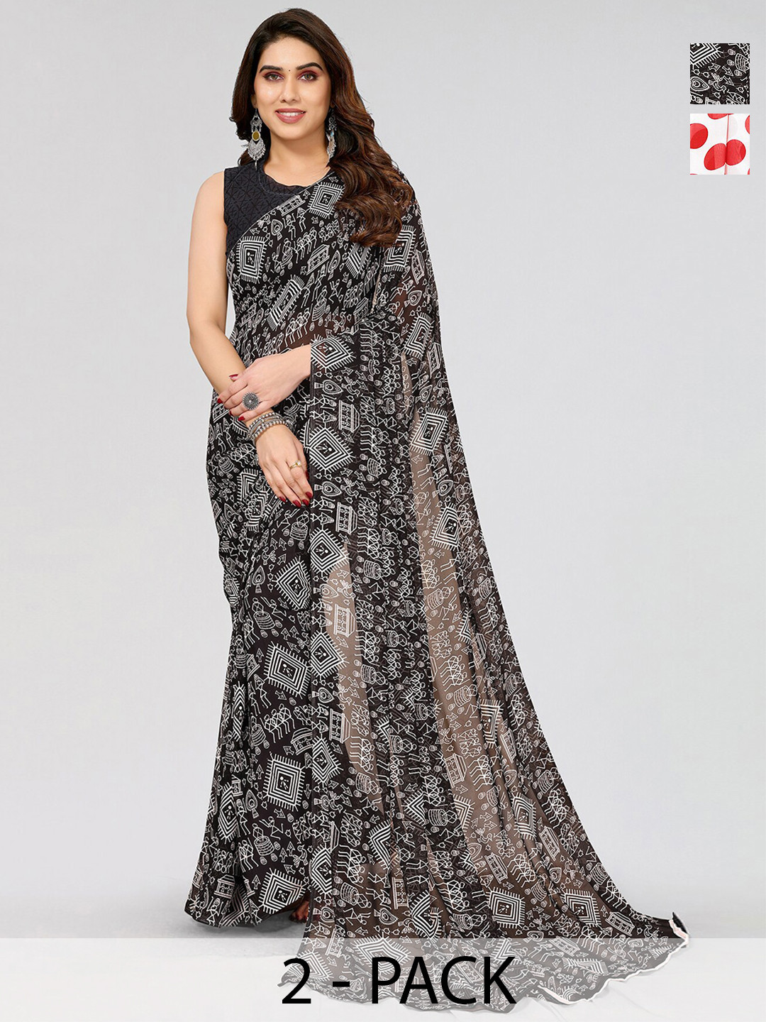 

ANAND SAREES Selection of 2 Polka Dot Printed Saree, White