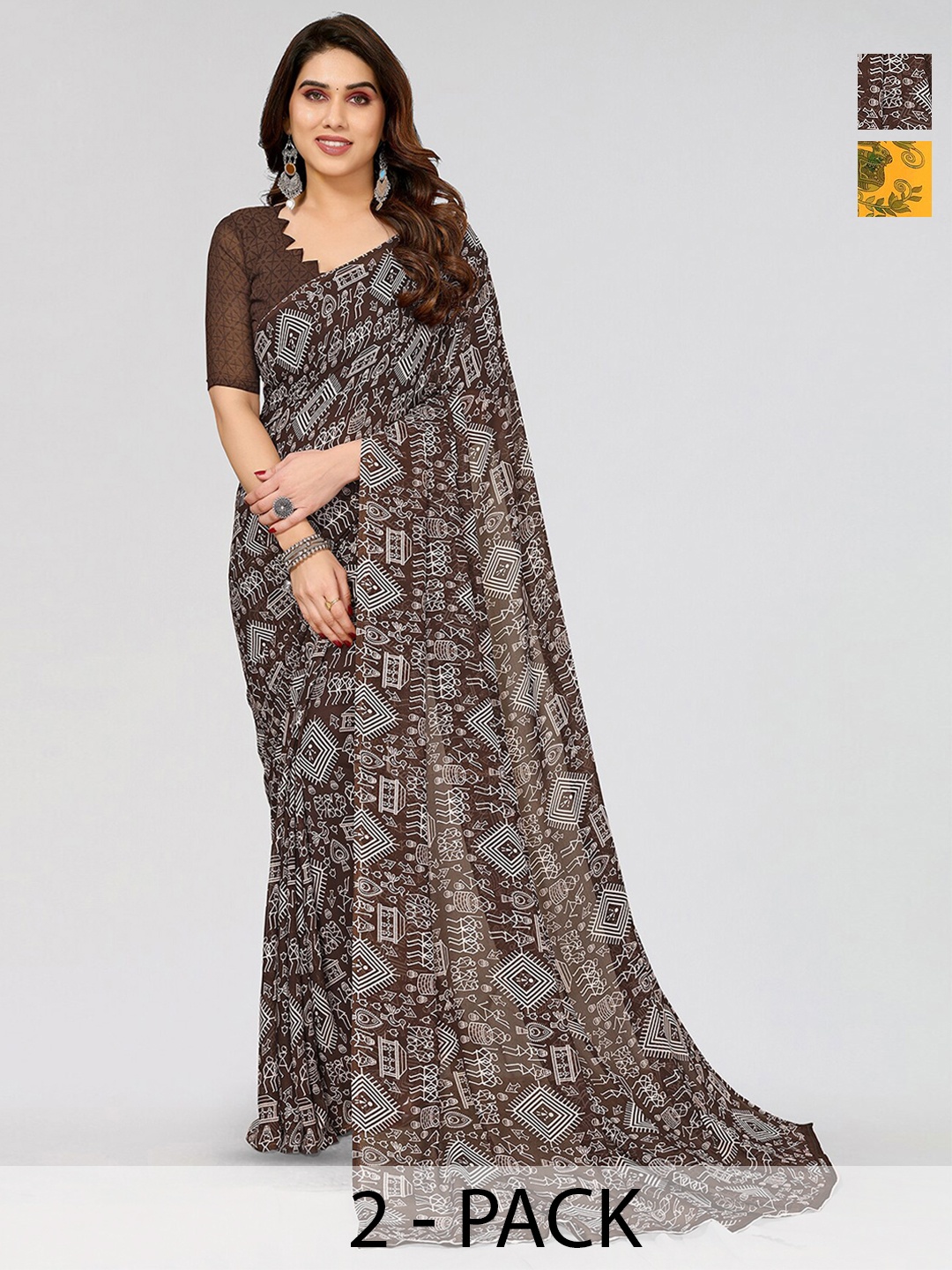 

ANAND SAREES Selection of 2 Geometric Printed Saree, Brown