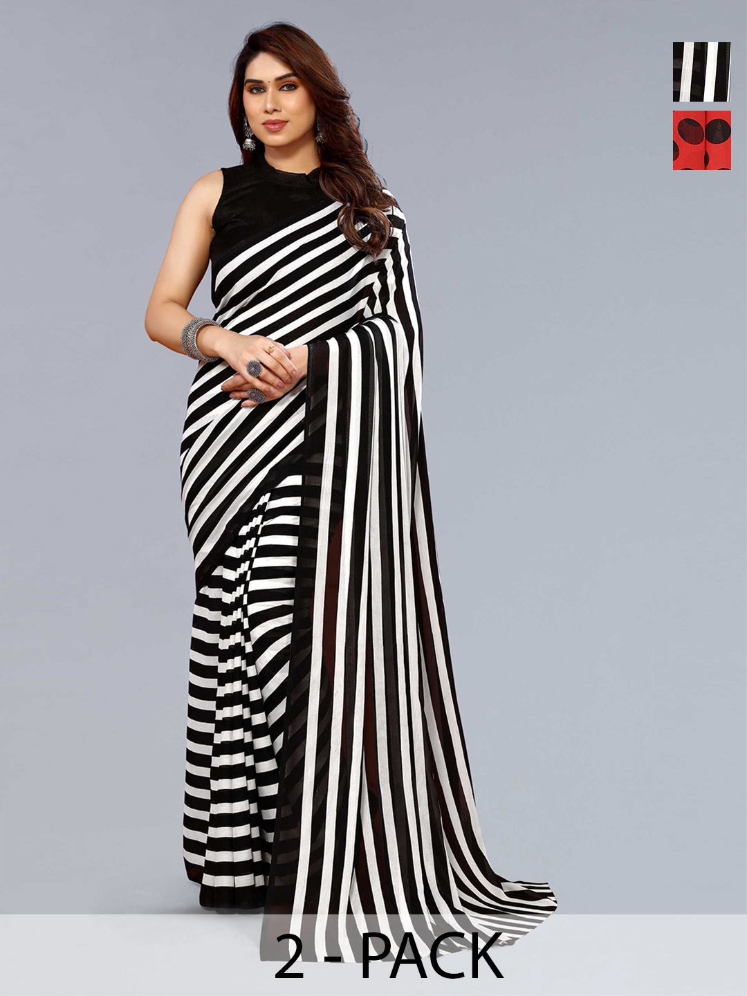 

ANAND SAREES Selection of 2 Striped Printed Sarees, White