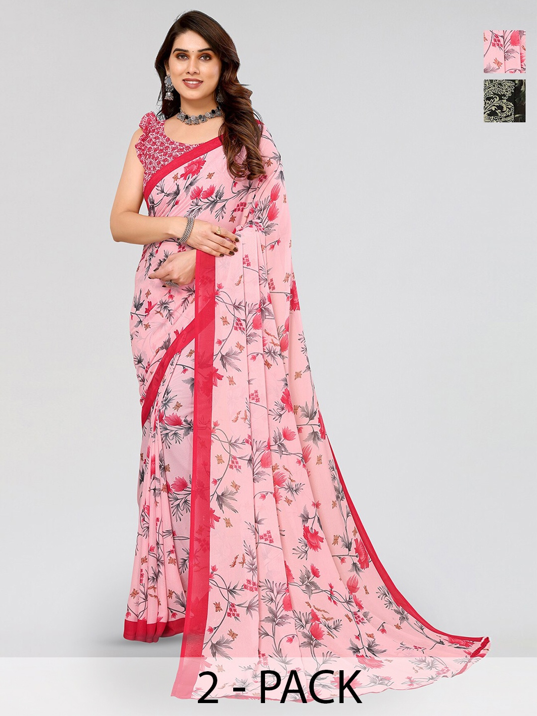 

ANAND SAREES Selection Of 2 Floral Printed Sarees, Pink