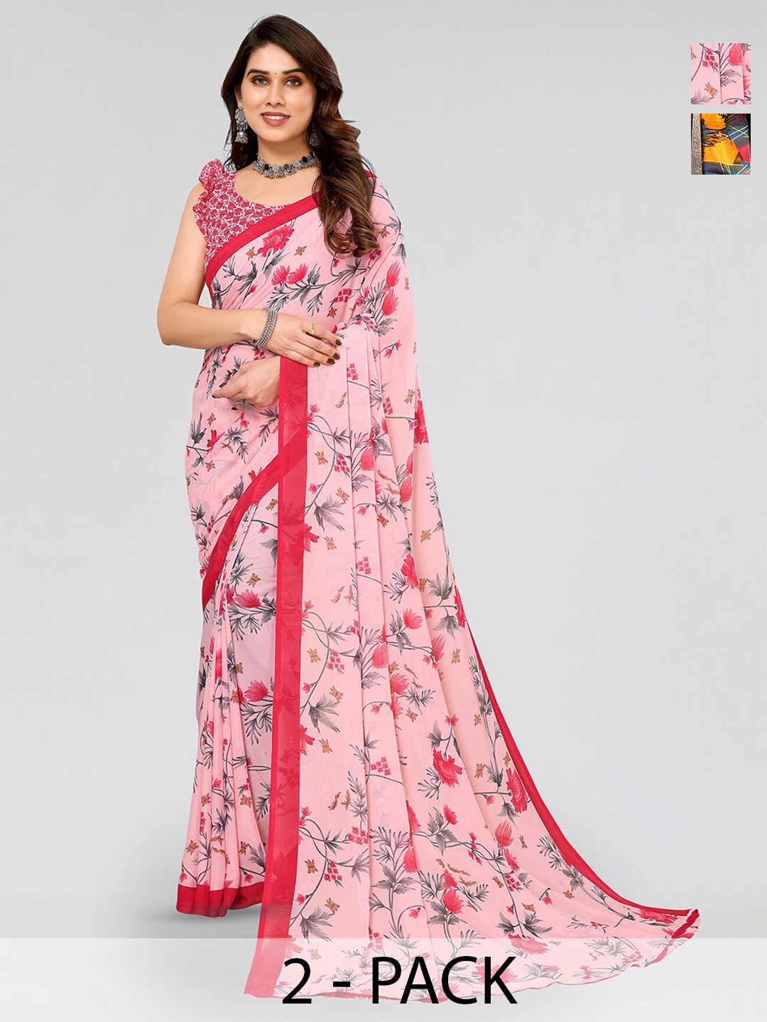 

ANAND SAREES Selection Of 2 Printed Sarees, Pink