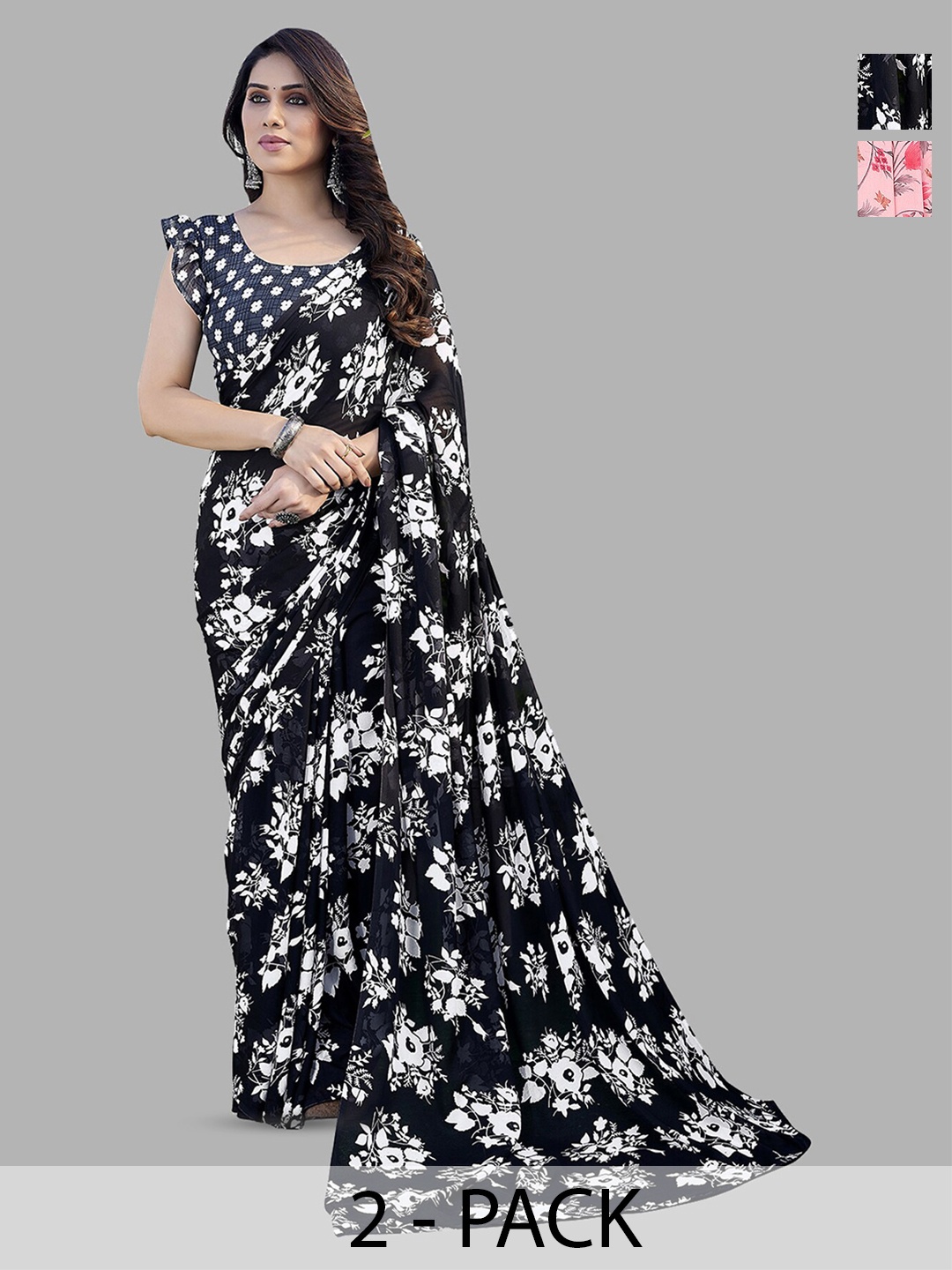 

ANAND SAREES Selection Of 2 Printed Sarees, Peach