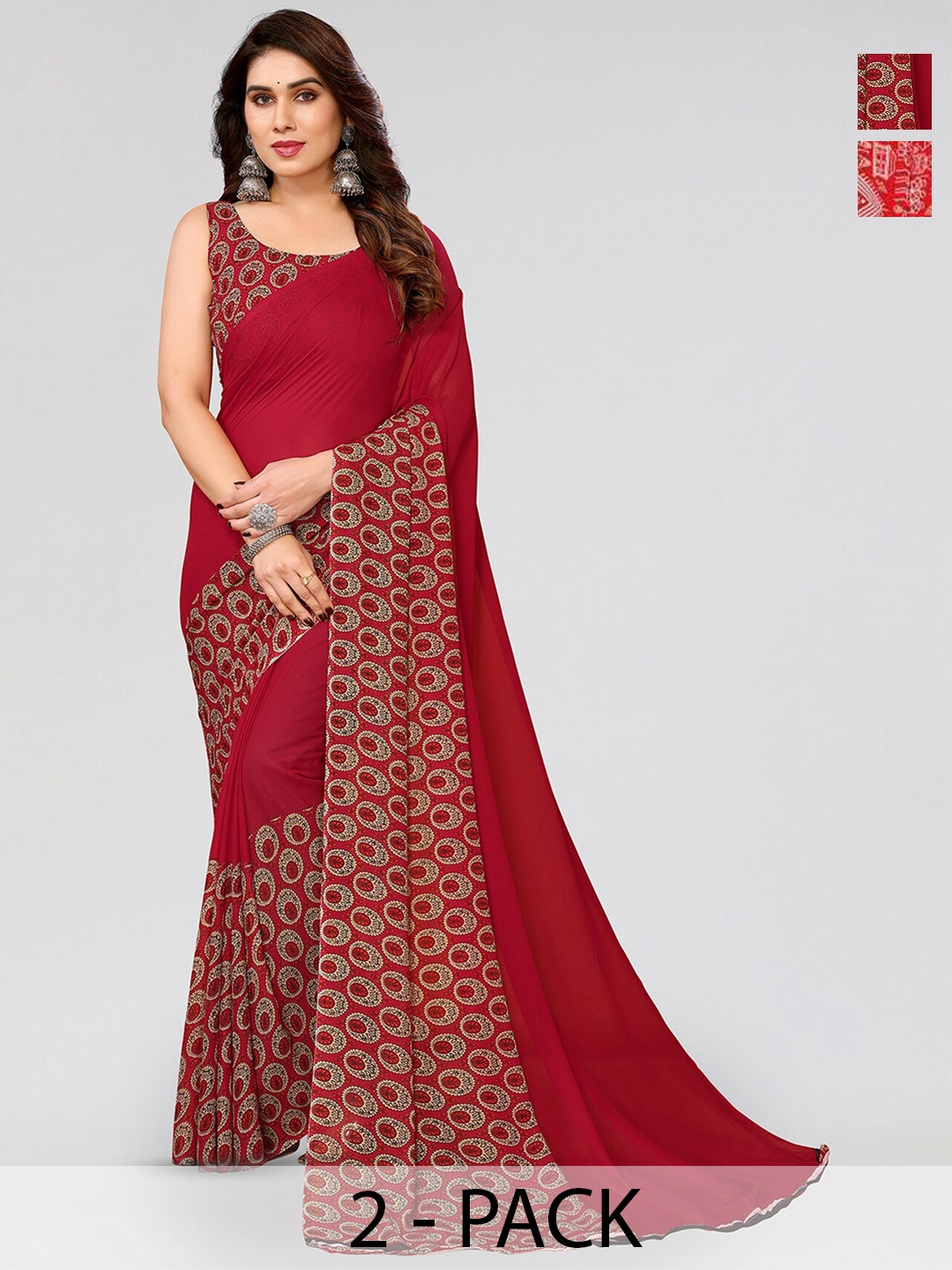 

ANAND SAREES Selection of 2 Ethnic Motifs Printed Sarees, Red