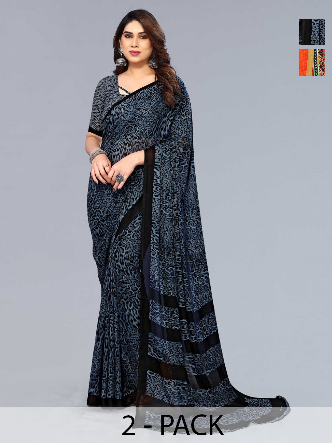 

ANAND SAREES Selection of 2 Floral Printed Sarees, Blue