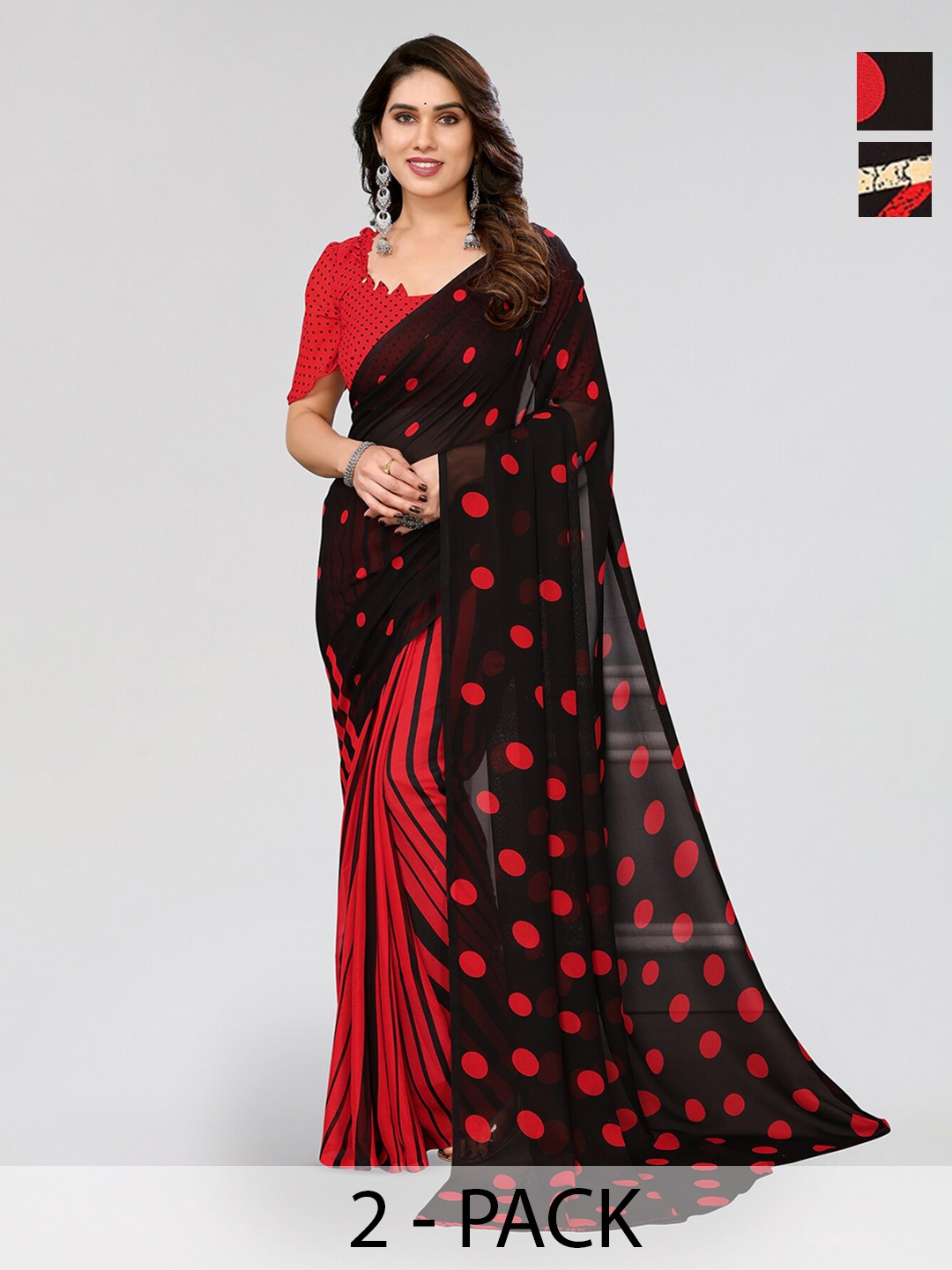 

ANAND SAREES Selection Of 2 Polka Dot Printed Sarees, Red