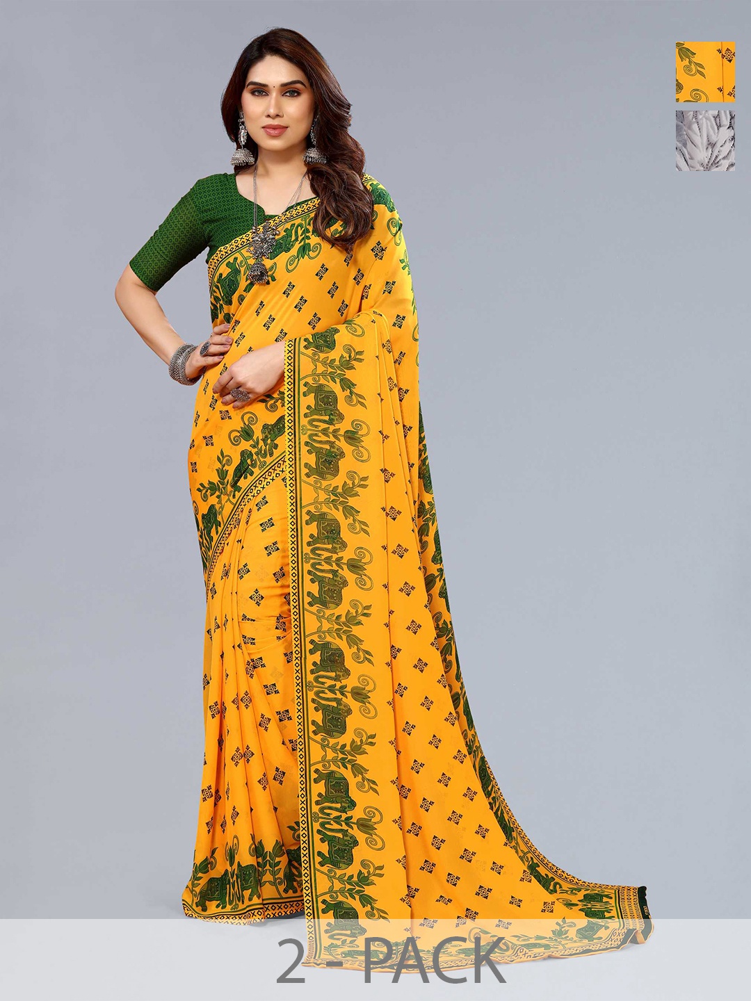 

ANAND SAREES Selection Of 2 Ethnic Motifs Printed Saree, Green