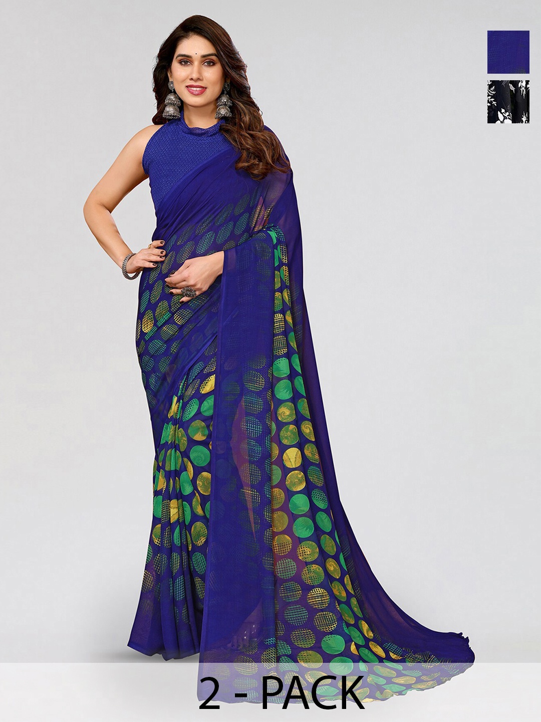 

ANAND SAREES Selection Of 2 Floral Printed Sarees, Black