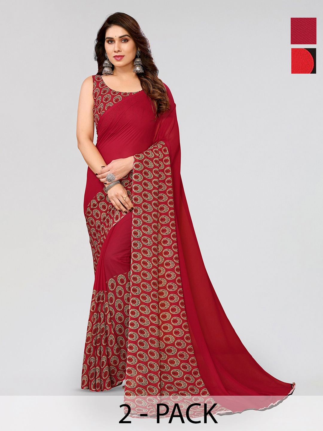 

ANAND SAREES Selection Of 2 Geometric Printed Sarees, Red