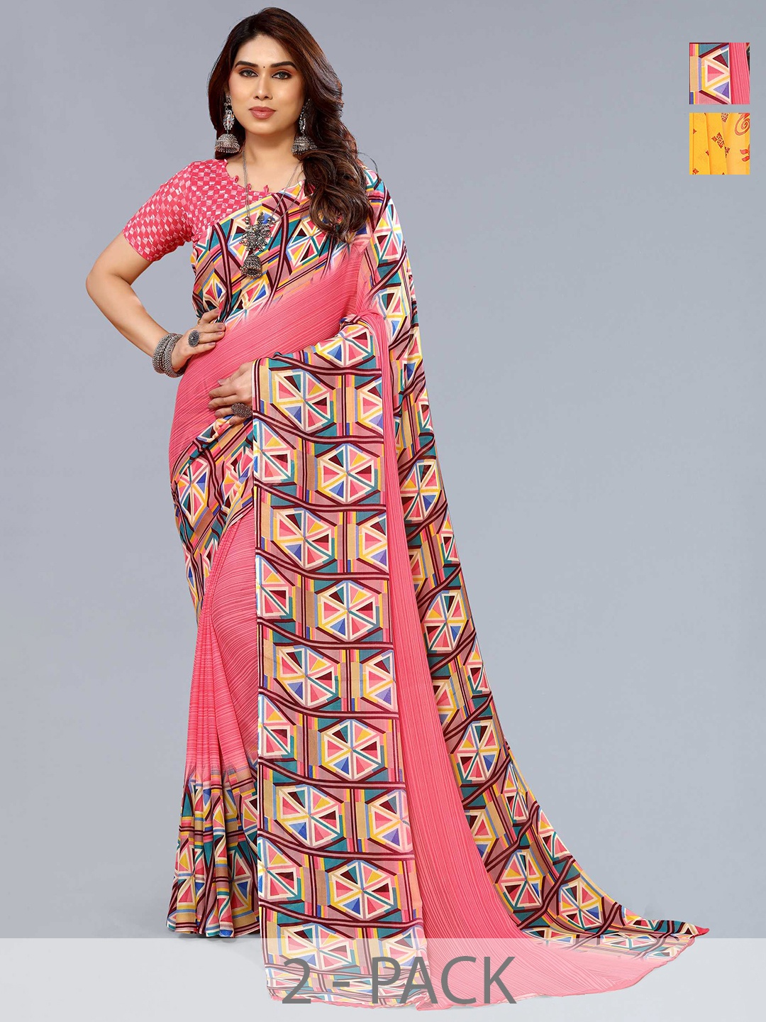 

ANAND SAREES Selection Of 2 Floral Printed Sarees, Pink