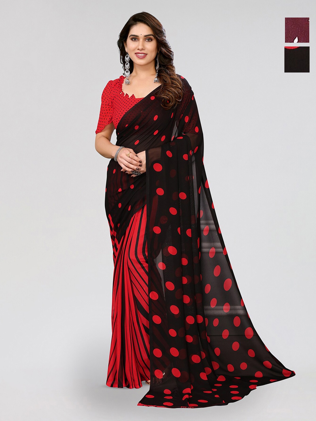 

ANAND SAREES Selection Of 2 Polka Dot Printed Sarees, Black