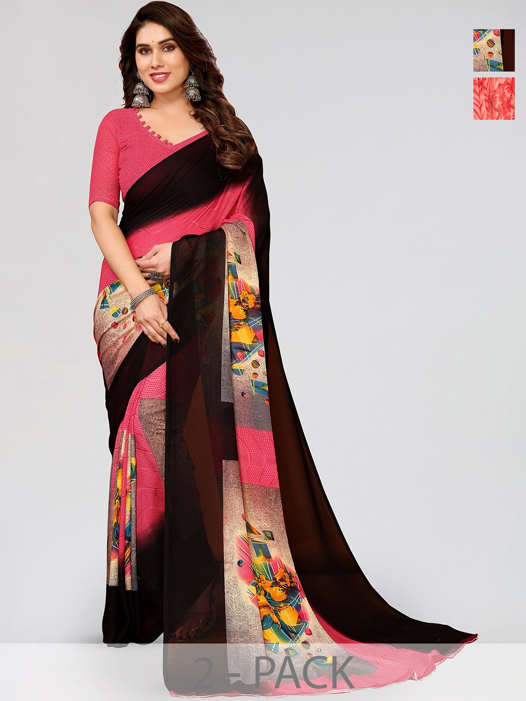 

ANAND SAREES Selection Of 2 Floral Printed Saree, Black