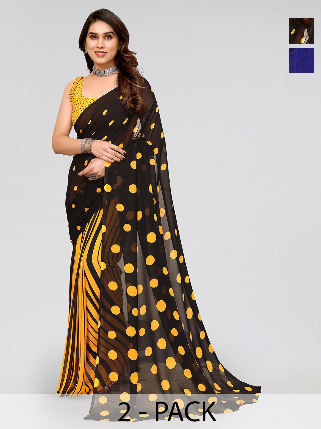 

ANAND SAREES Selection Of 2 Polka Dot Printed Saree, Black